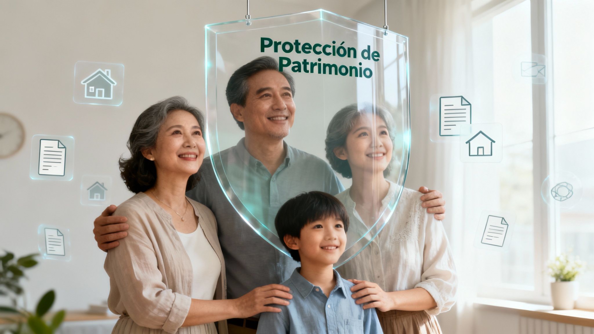 Una familia multigeneracional sonríe junta en un ambiente hogareño, representando la seguridad familiar.