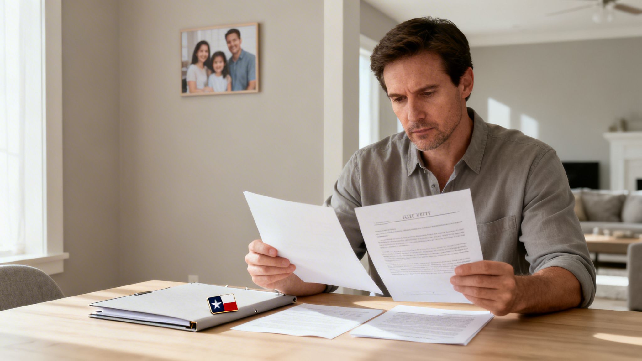 A serious man reviews official documents at a table with a Texas flag pin and family photo.