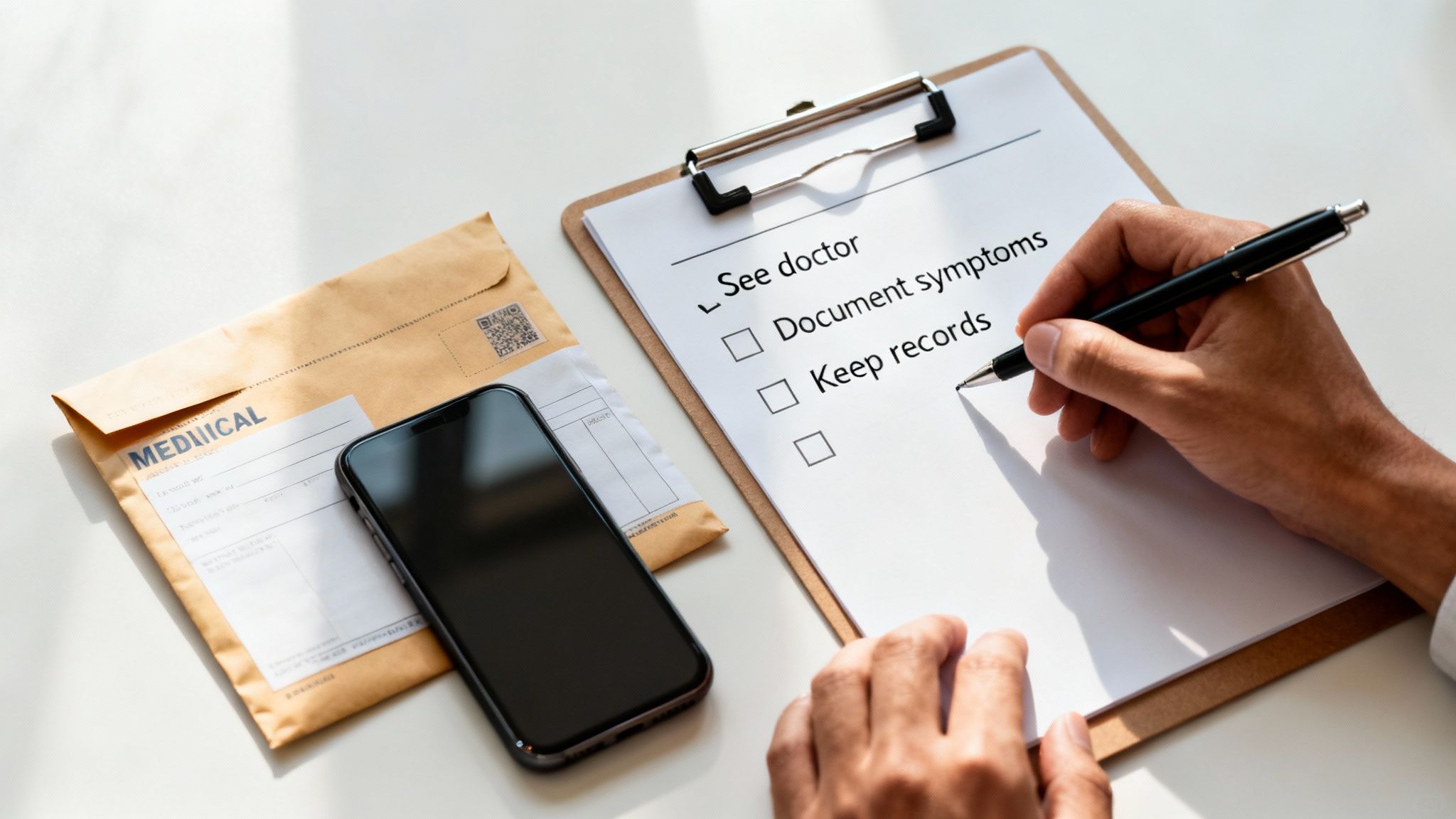 A person's hand checks off 'See doctor' on a medical checklist with a phone and envelope nearby.