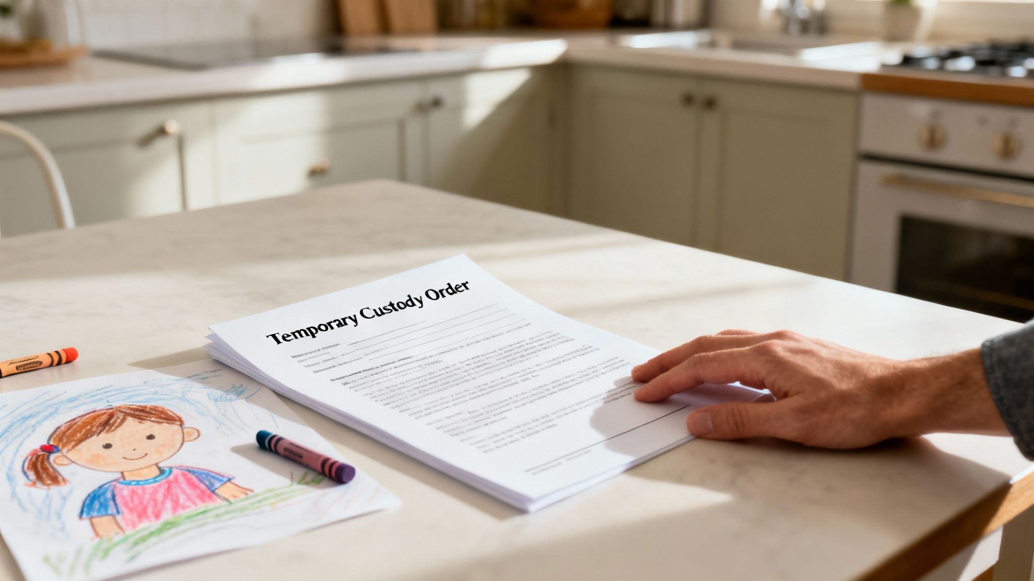 Temporary custody order document on a kitchen table, hand resting on the paper, with a child's drawing and crayons nearby, symbolizing family stability during custody disputes in Texas.