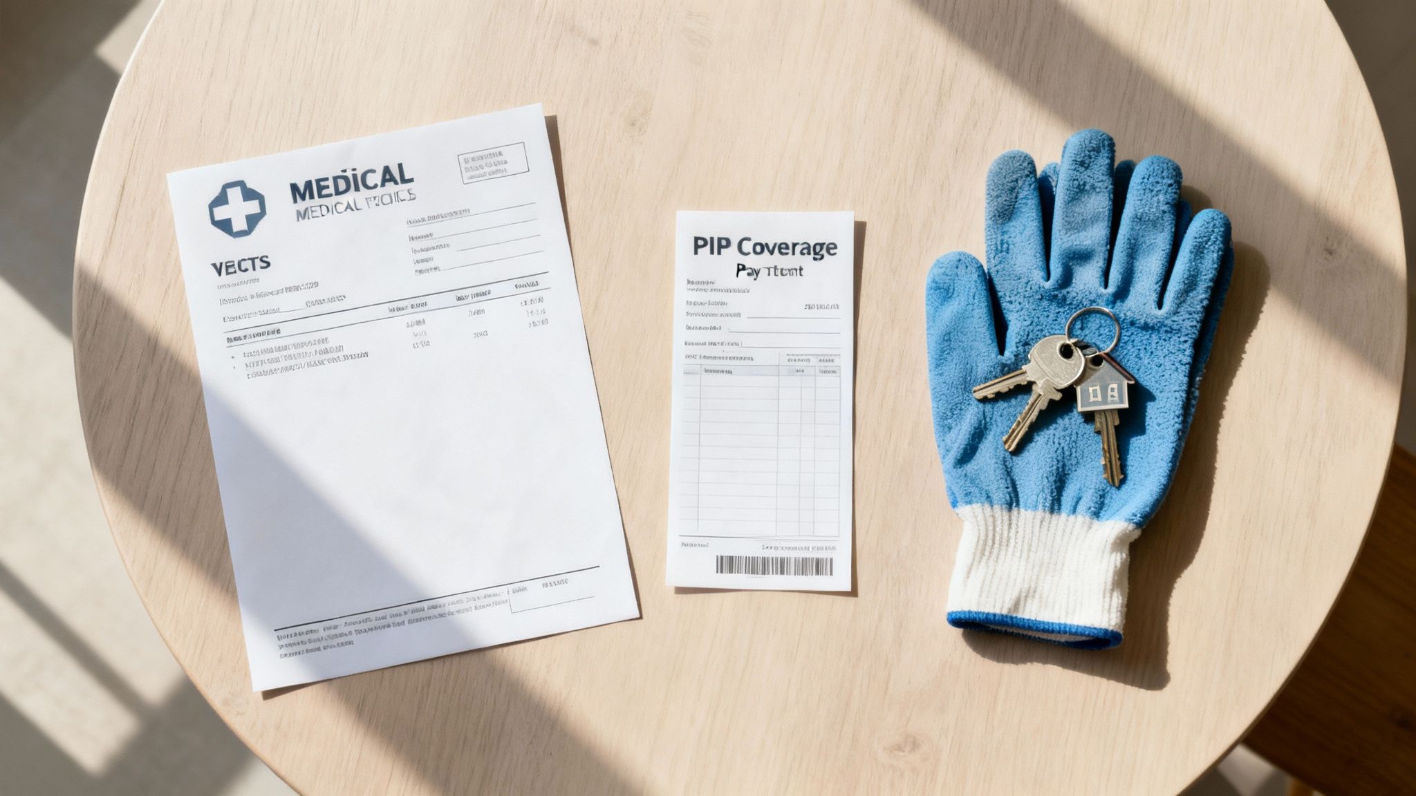 A flat lay shows a medical bill, a PIP coverage document, a blue work glove, and house keys on a wooden table.