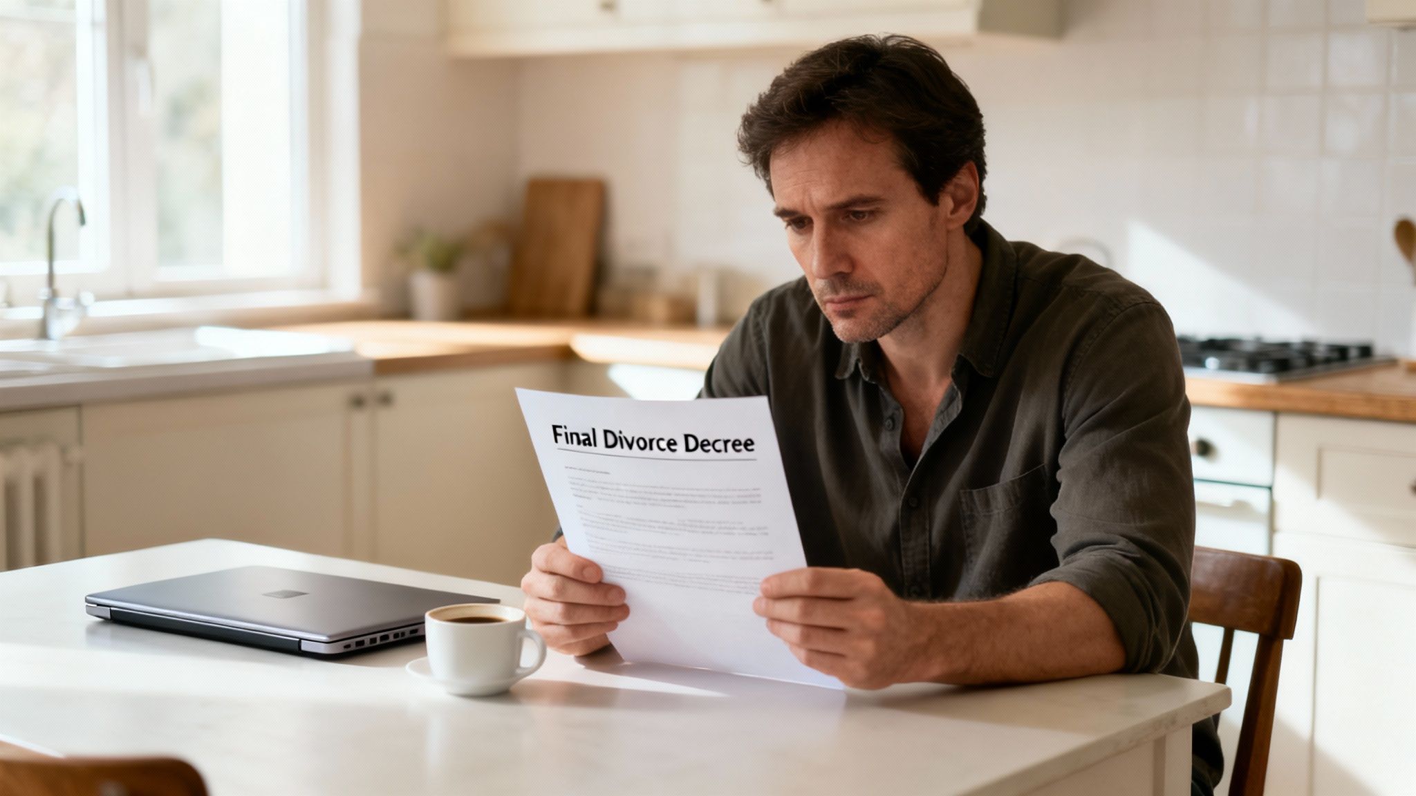 A somber man sits at a kitchen table, intently reading a 'Final Divorce Decree' document.