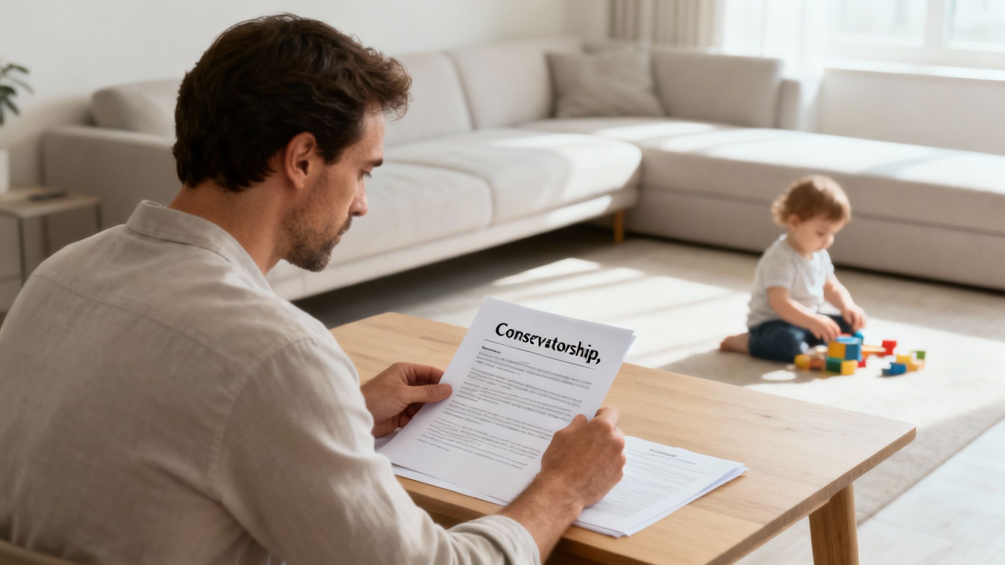 Father reviewing child custody documents titled "Conservatorship" while child plays with colorful blocks in a bright living room.