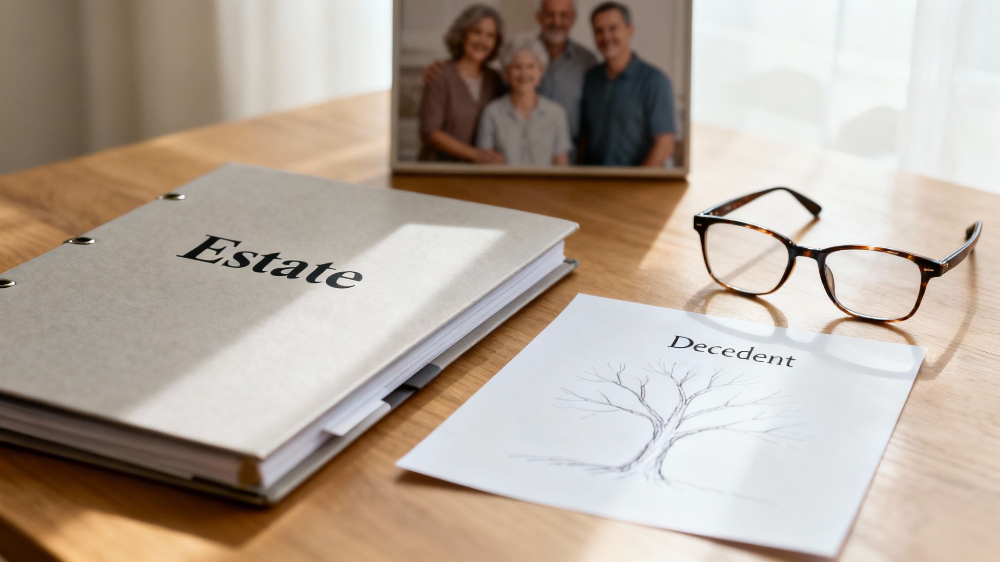 Estate binder, 'Decedent' chart, eyeglasses, and a family photo on a wooden table for inheritance planning.
