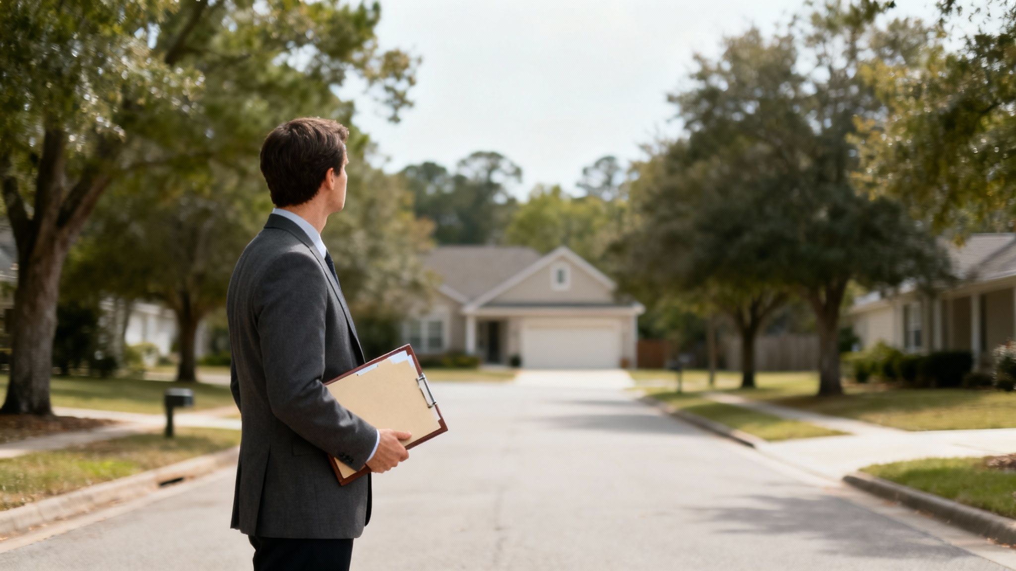 Real estate agent or attorney holding clipboard while viewing residential property from street