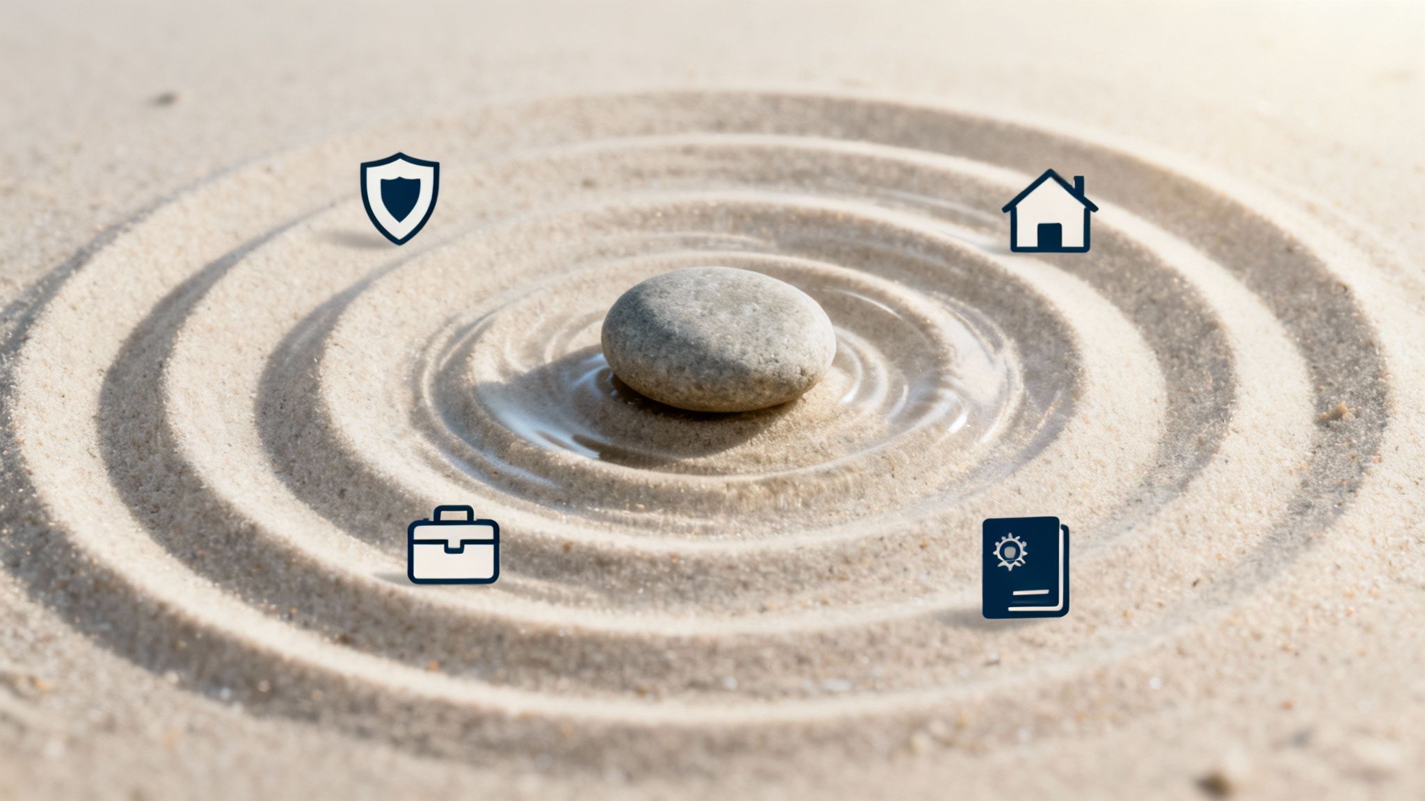 Stone in sand creating ripples, with icons representing protection, home, career, and knowledge, symbolizing the far-reaching consequences of a DWI conviction in Texas.