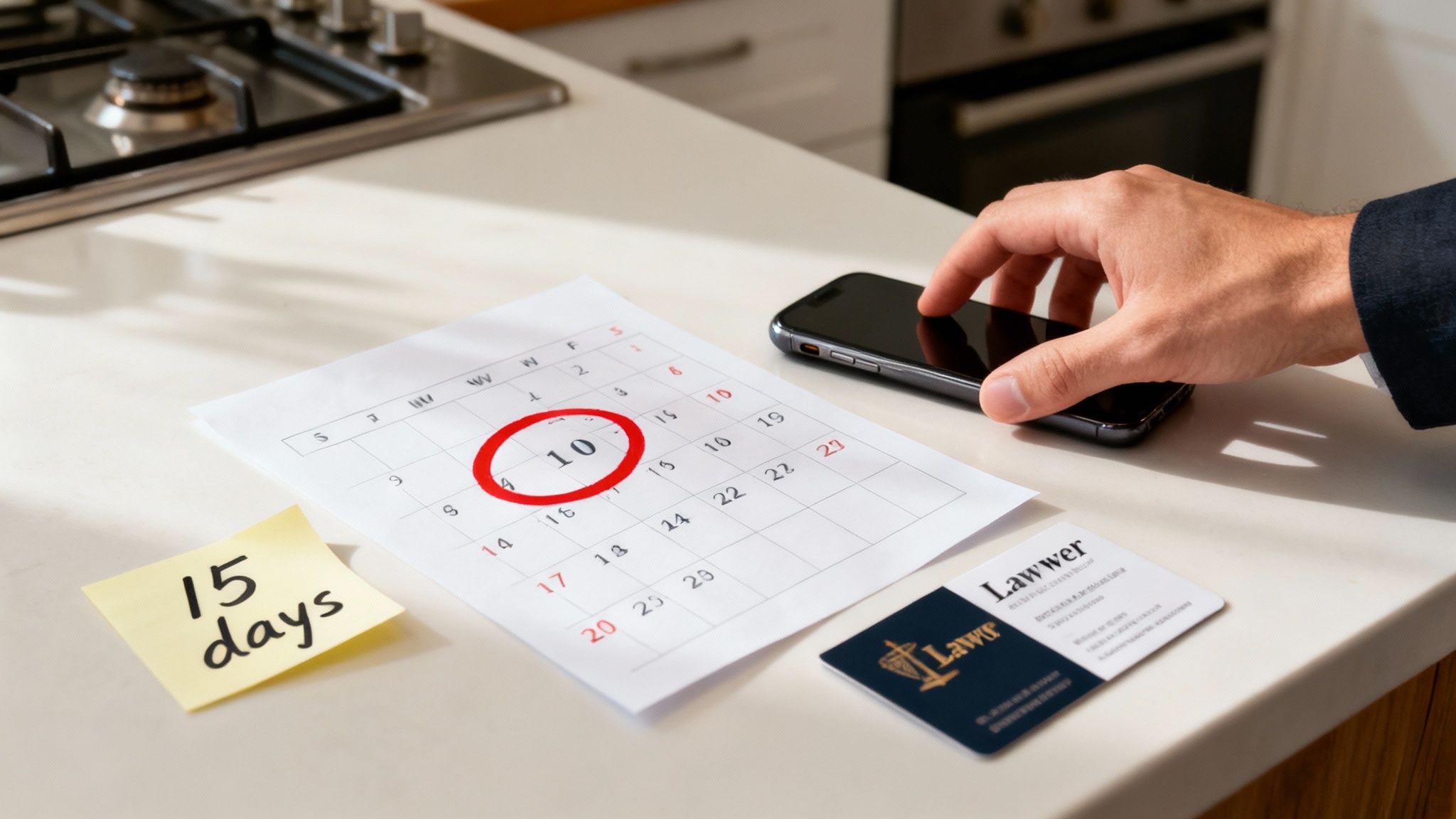 A hand reaches for a phone near a calendar, a '15 days' note, and a lawyer's business card.