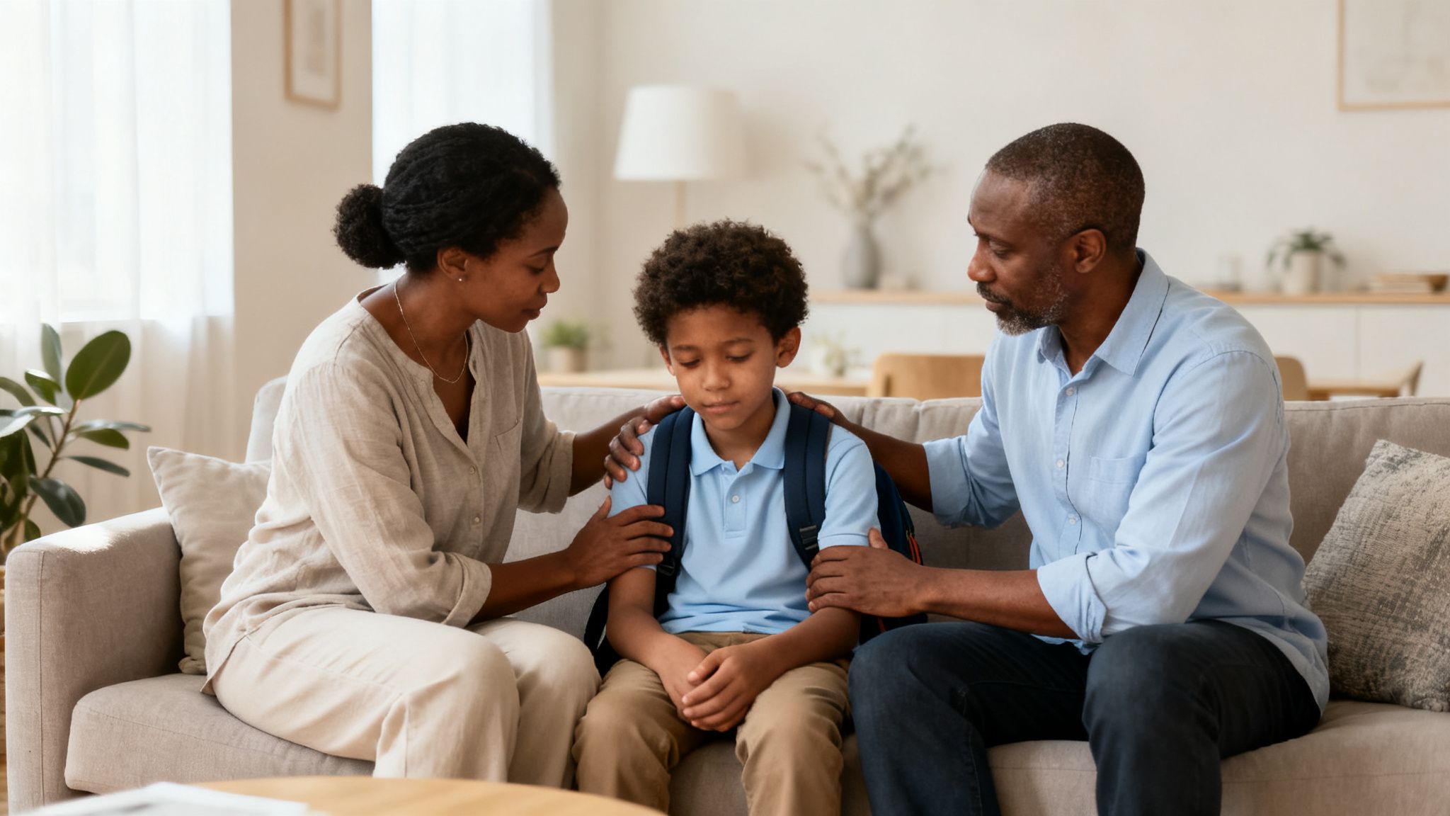 Parents comforting their sad son wearing a backpack on a living room couch.