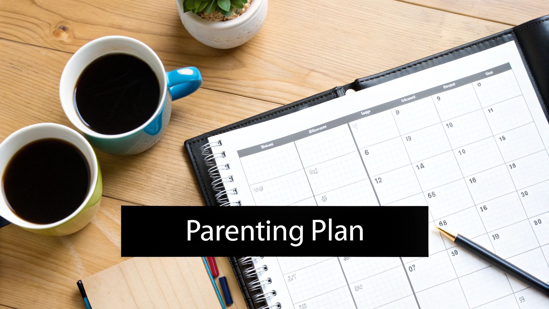 Overhead view of a desk with two coffee mugs, a planner, pen, and plant, featuring 'Parenting Plan' text.