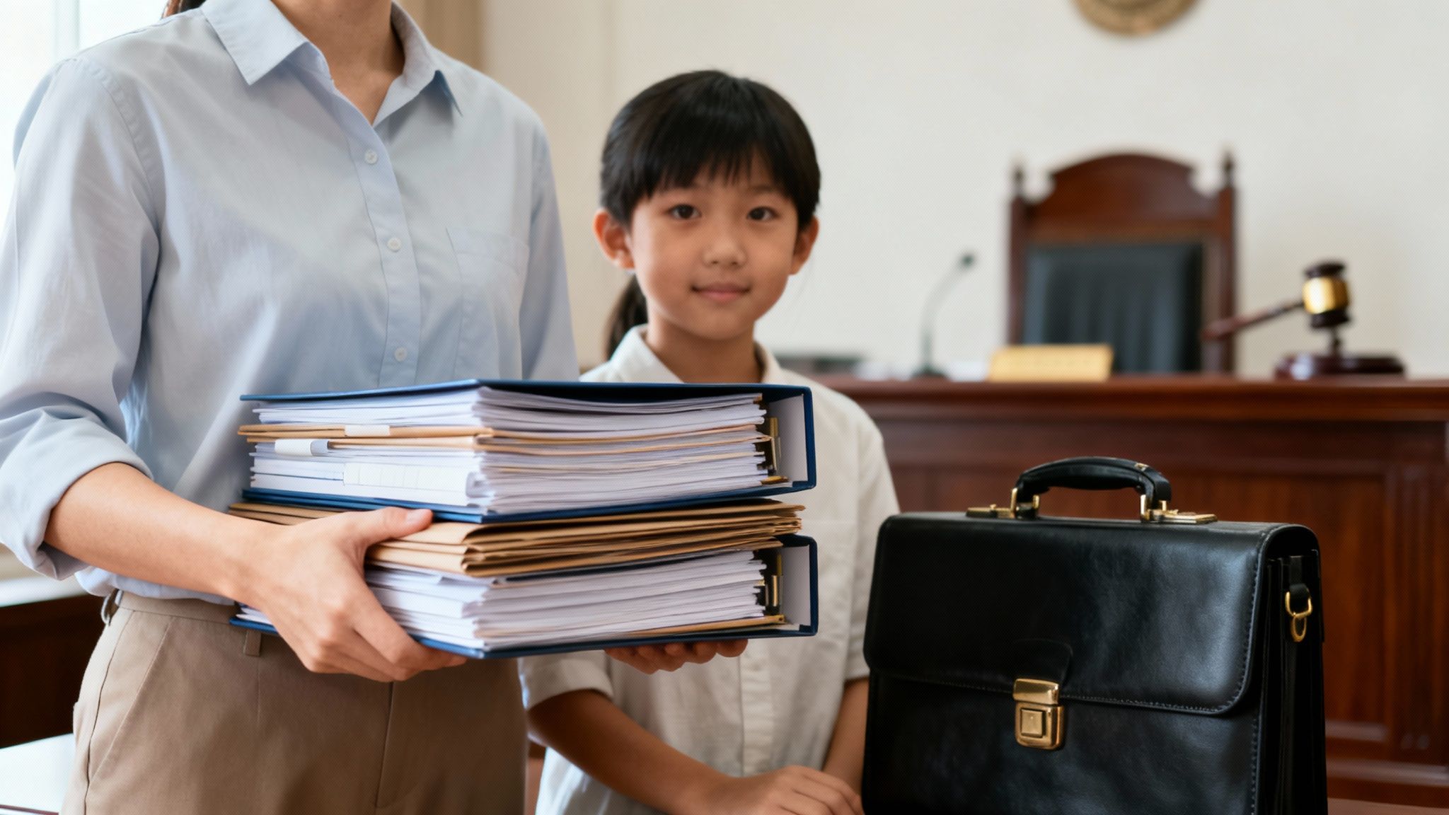 Adult holds stack of legal files, child stands next to a briefcase in a courtroom.