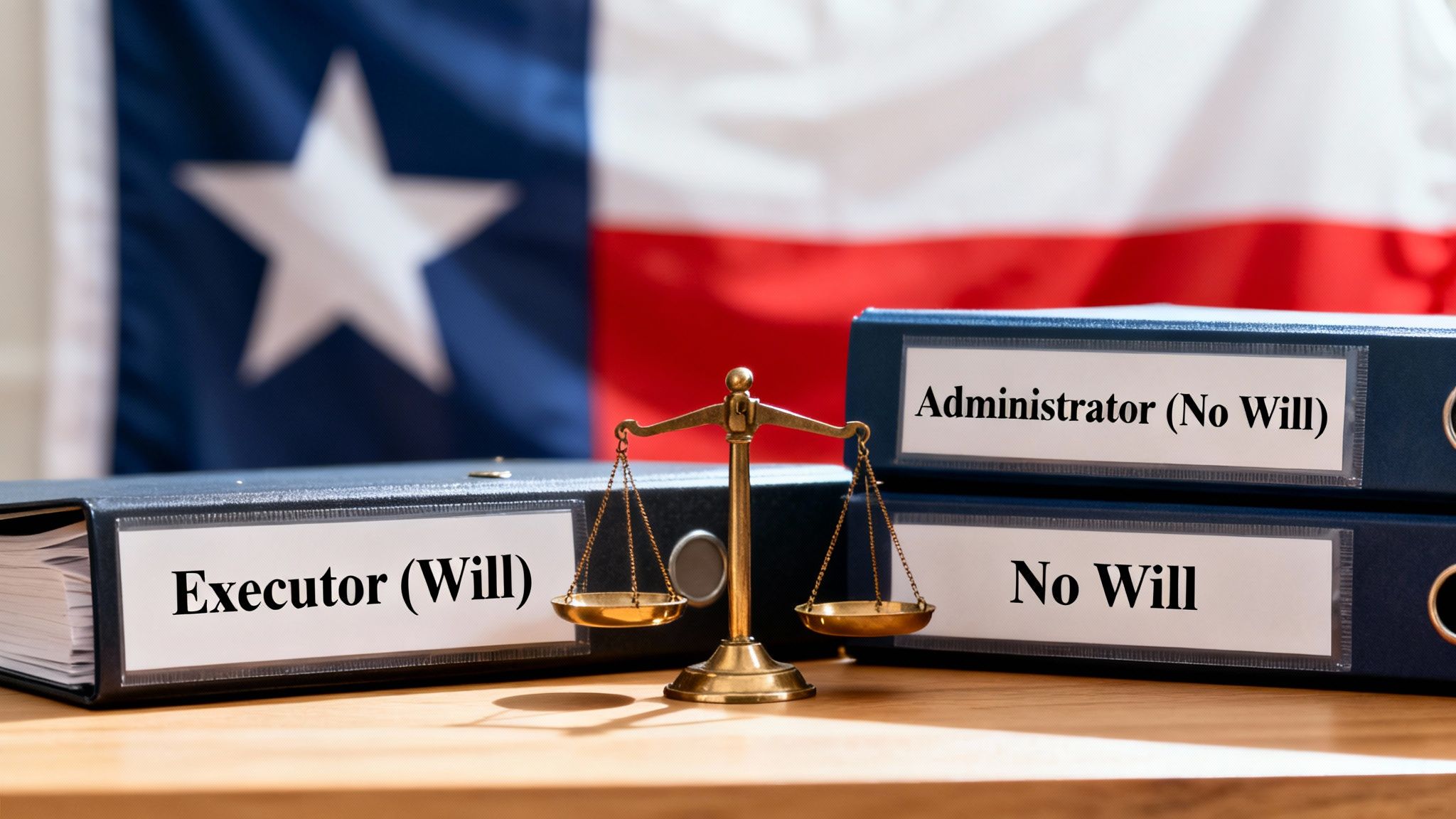 Scale of justice with binders labeled 'Executor (Will)' and 'Administrator (No Will)' before Texas flag.
