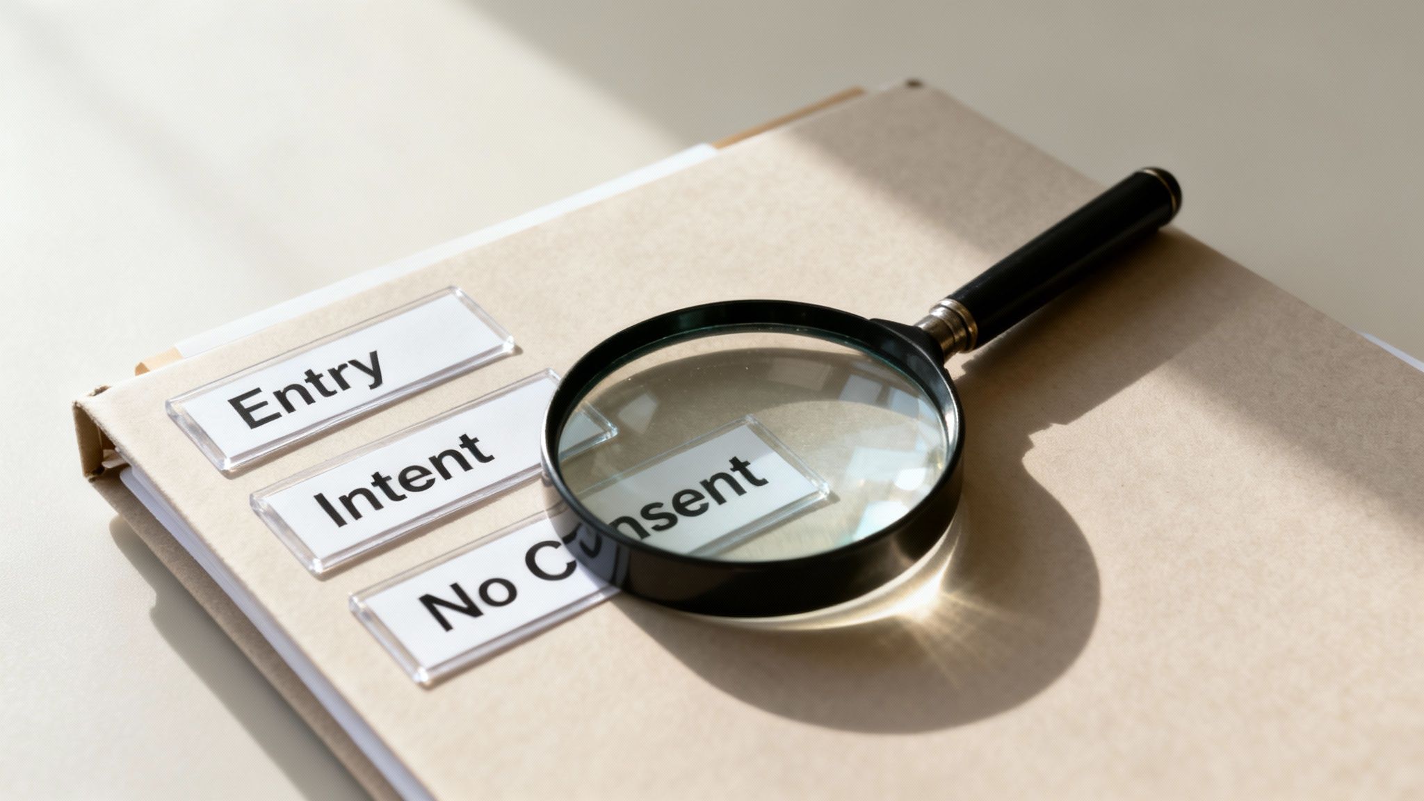 Magnifying glass on a file folder with labels "Entry," "Intent," and "No Consent," symbolizing key elements in Texas burglary law and legal defense strategies.