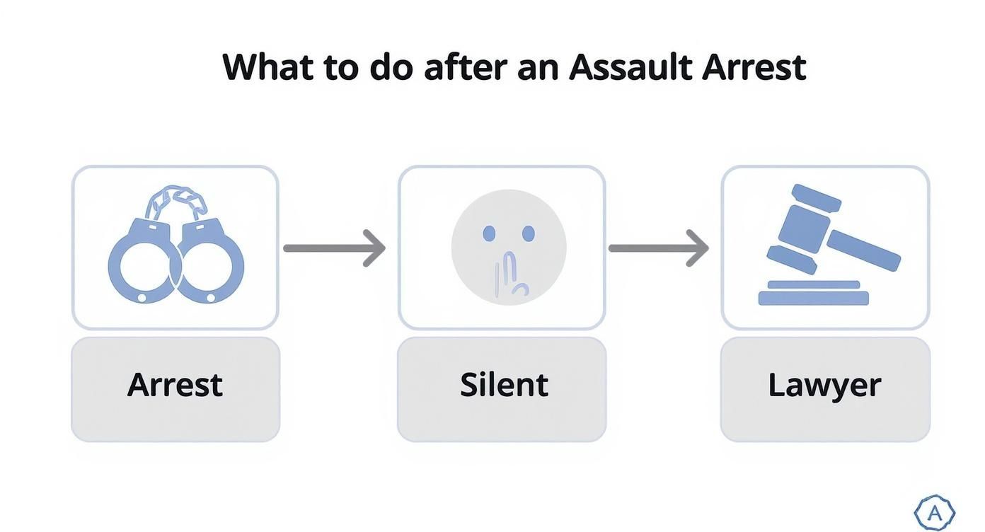 Three-step infographic showing arrest process: handcuffs, remain silent, and contact a lawyer