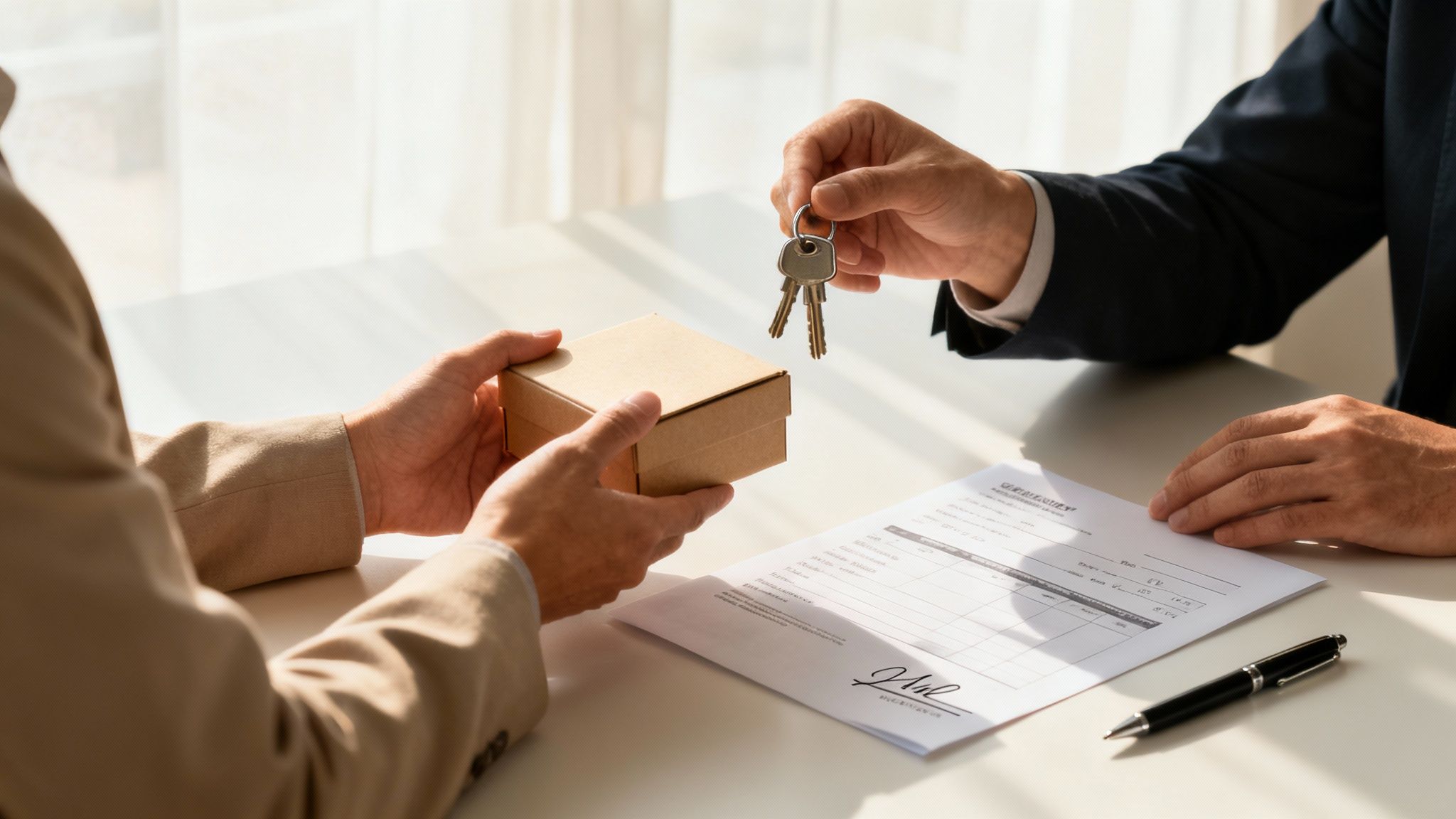 Hands exchanging house keys and a small gift box during a property transaction.