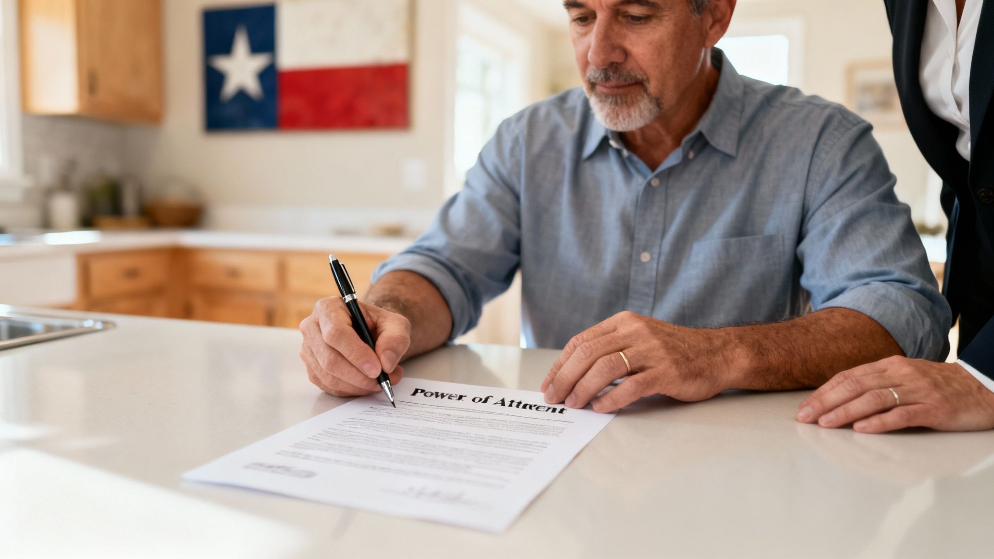 A man signing a 'Power of Attorney' document at a kitchen counter, with another person observing.
