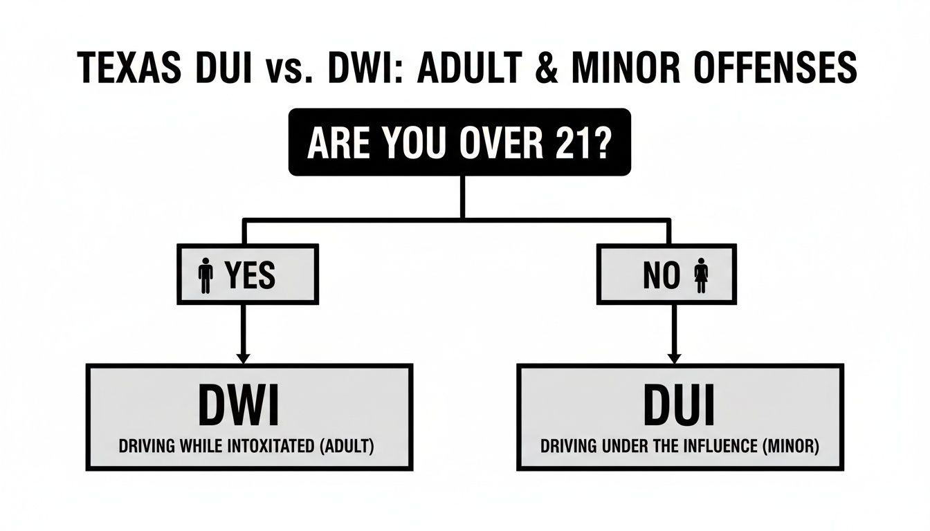 Flowchart illustrating Texas DUI vs. DWI, differentiating adult (DWI) and minor (DUI) offenses by age.