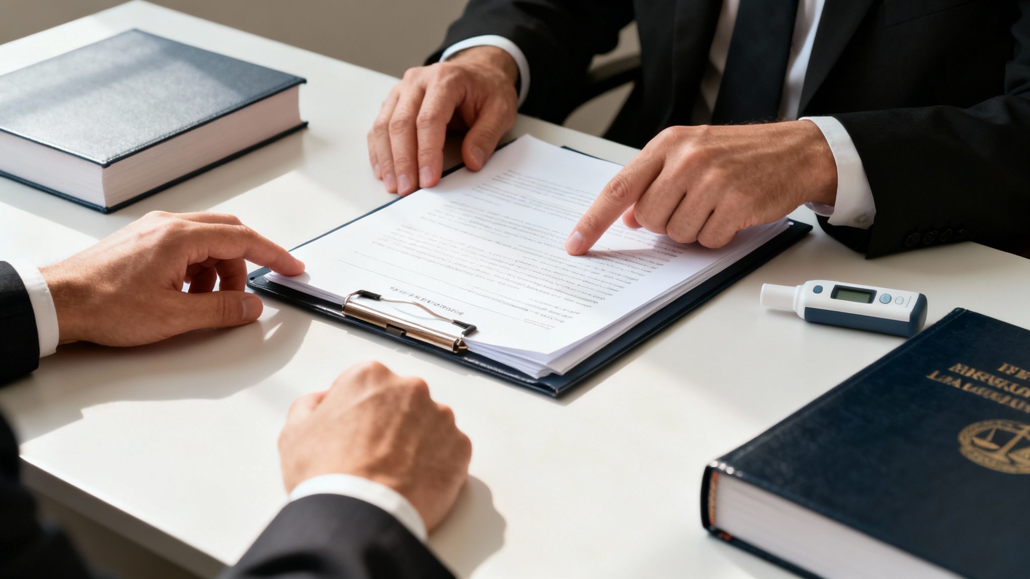 Lawyer consulting with client over legal documents related to DWI defense strategy, with law books and breathalyzer present on the table.