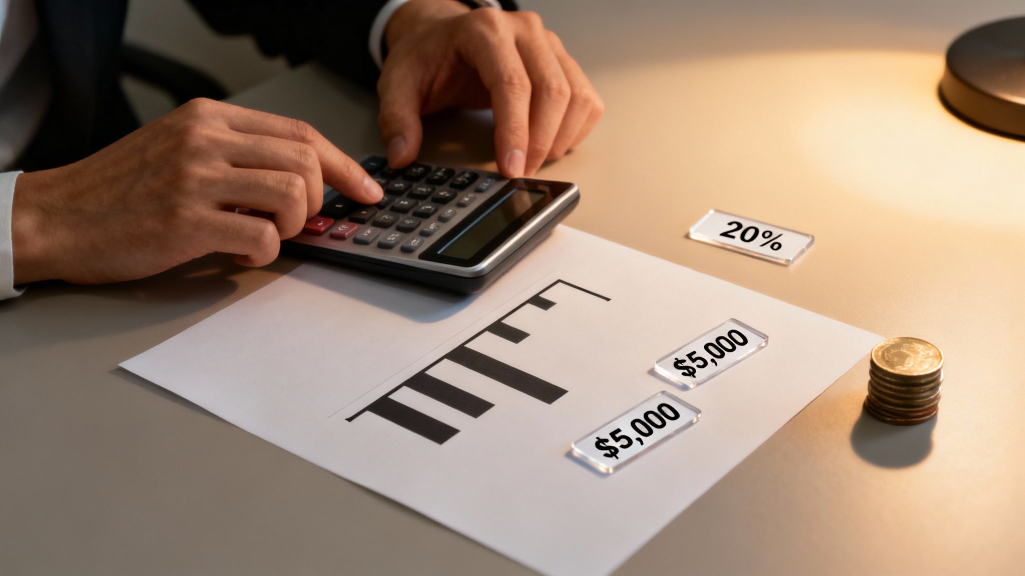Person using a calculator to determine spousal support payments, featuring $5,000 and 20% indicators on a table, reflecting financial calculations relevant to Texas spousal maintenance laws.