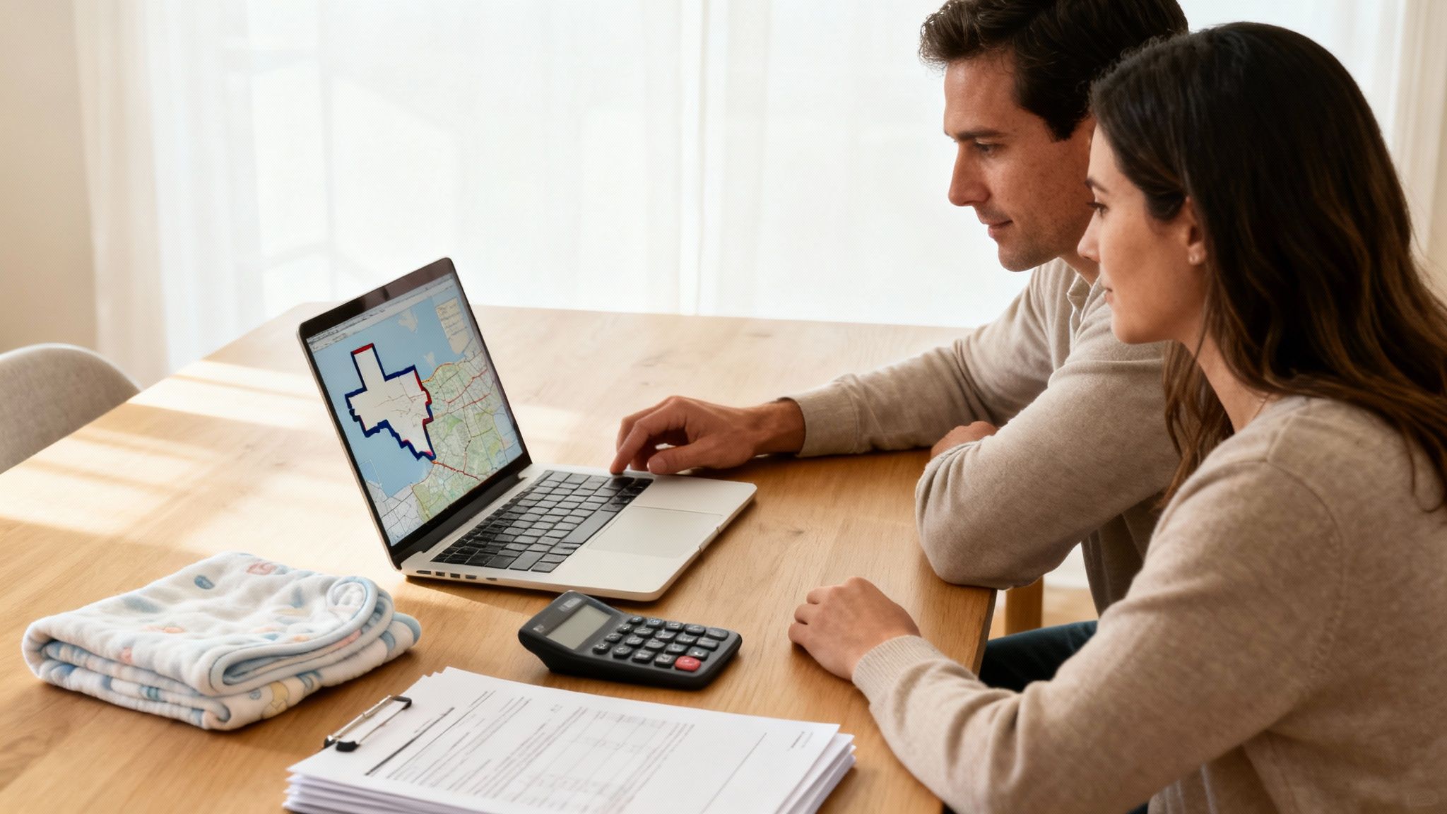 A couple sits at a wooden table, looking at a laptop displaying a map, with financial papers and a calculator nearby, planning for adoption.