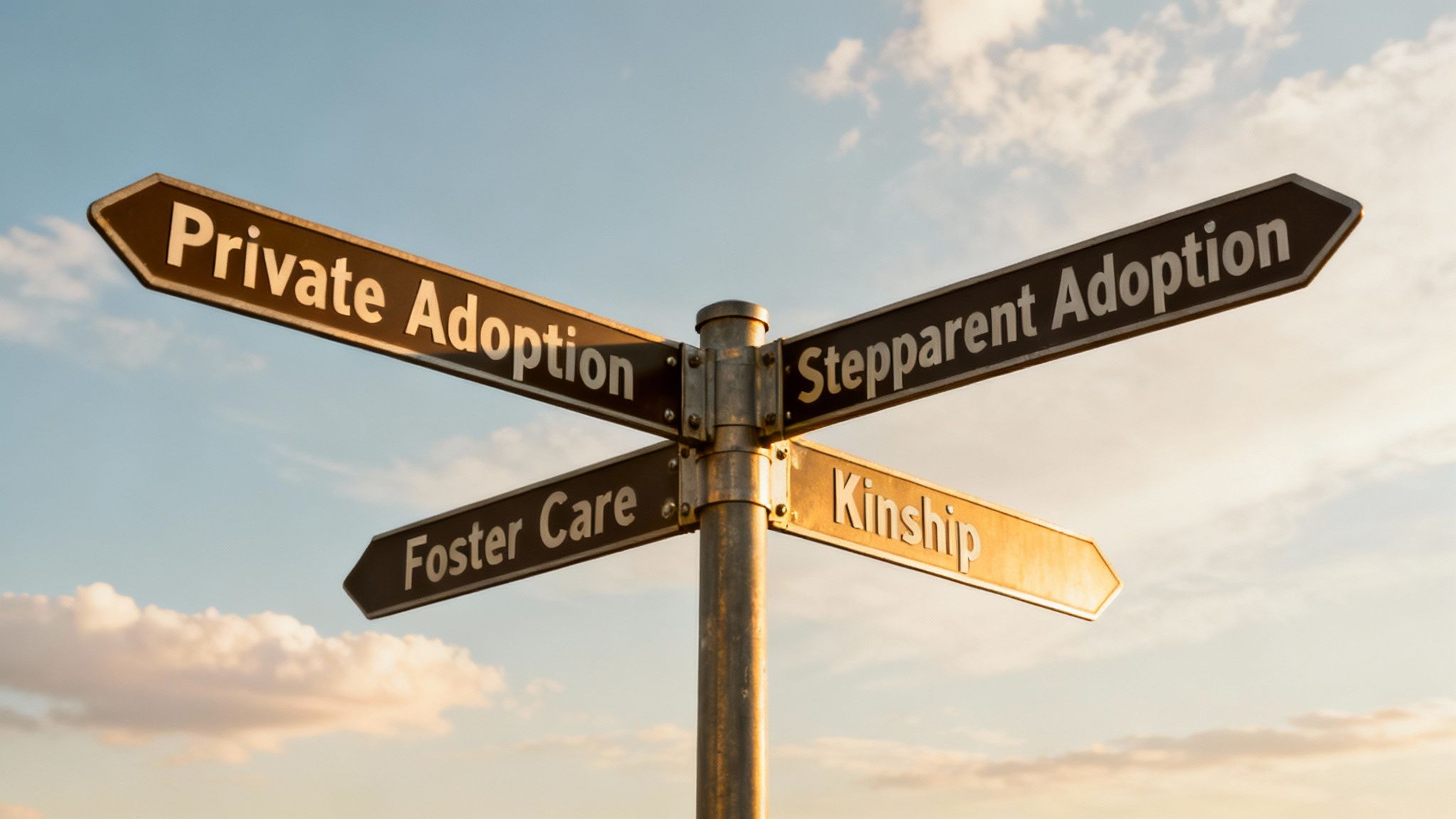 Signpost indicating various adoption options: Private Adoption, Stepparent Adoption, Foster Care, and Kinship, against a cloudy sky backdrop, symbolizing the diverse paths in the Texas adoption journey.