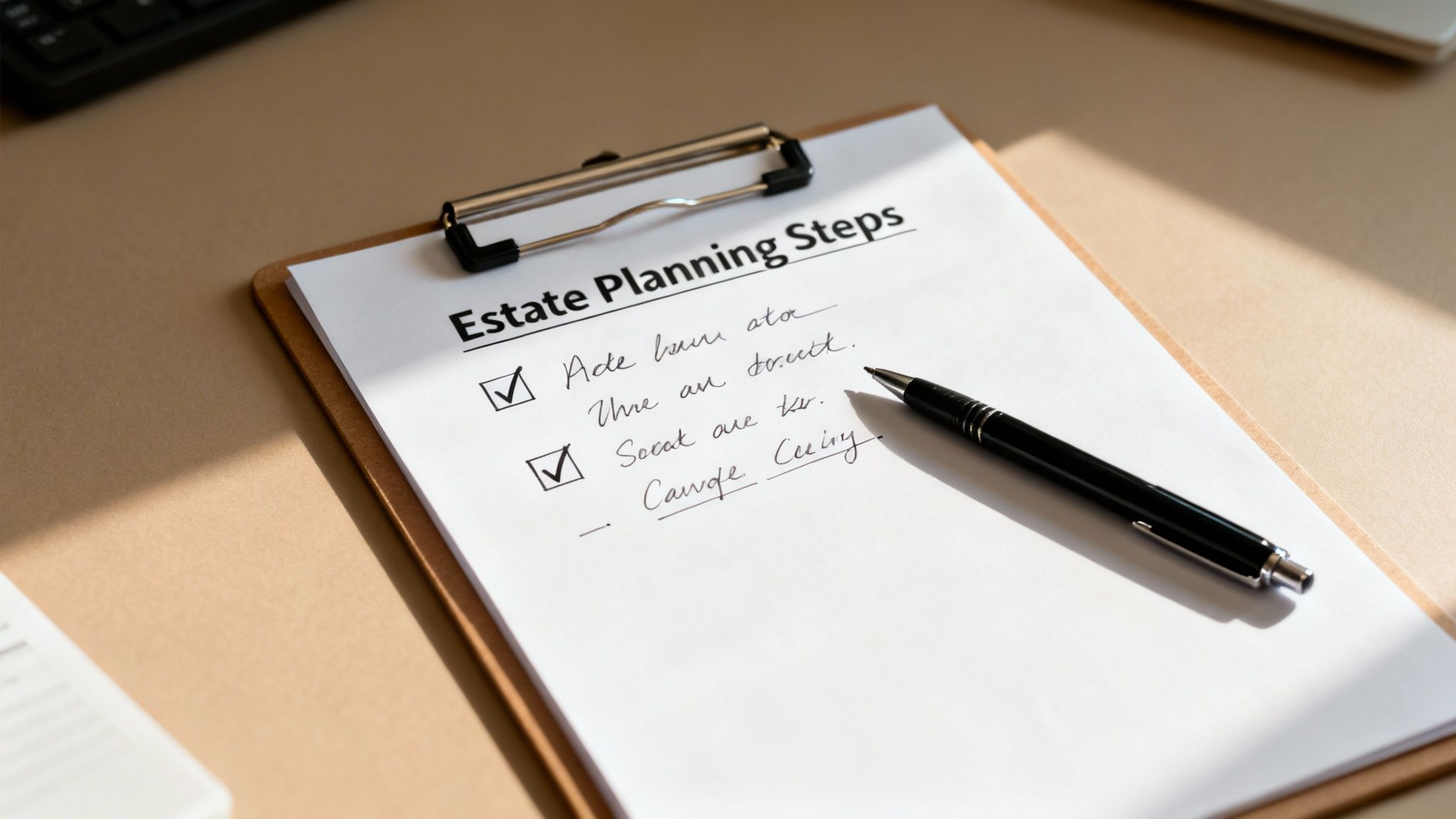 A clipboard with a document titled 'Estate Planning Steps' and a pen on a desk, highlighting important financial planning.