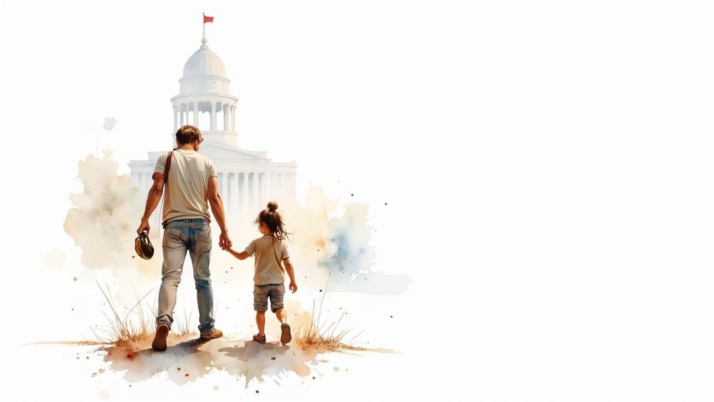 Father and child walking hand-in-hand towards a courthouse, symbolizing family law and joint custody considerations in Texas.