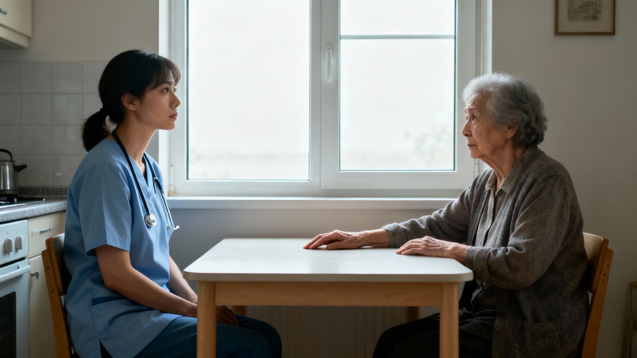 A young female caregiver in blue scrubs sits with an elderly woman at a kitchen table.