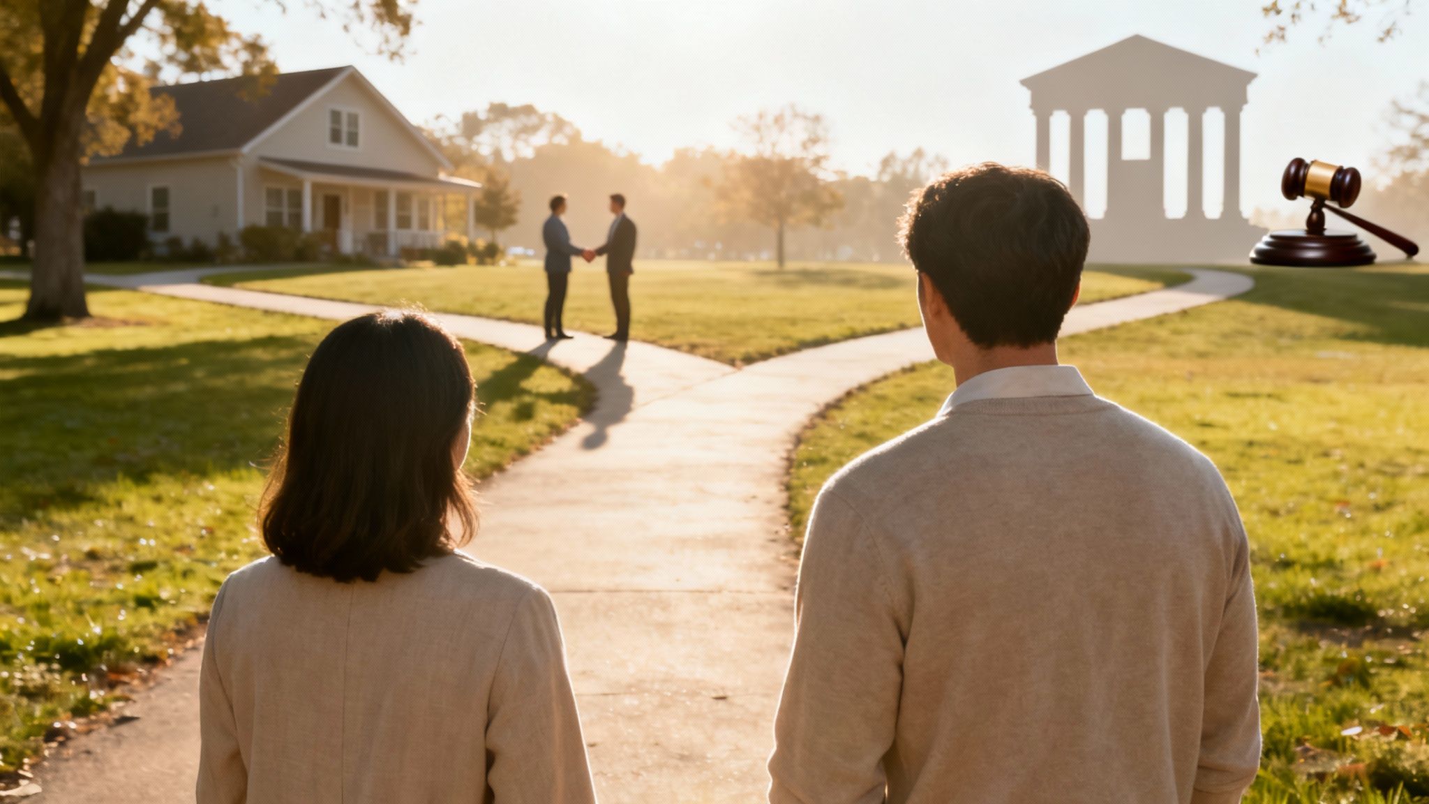 A couple faces a path with two options: a handshake agreement by a house or a courthouse and gavel.