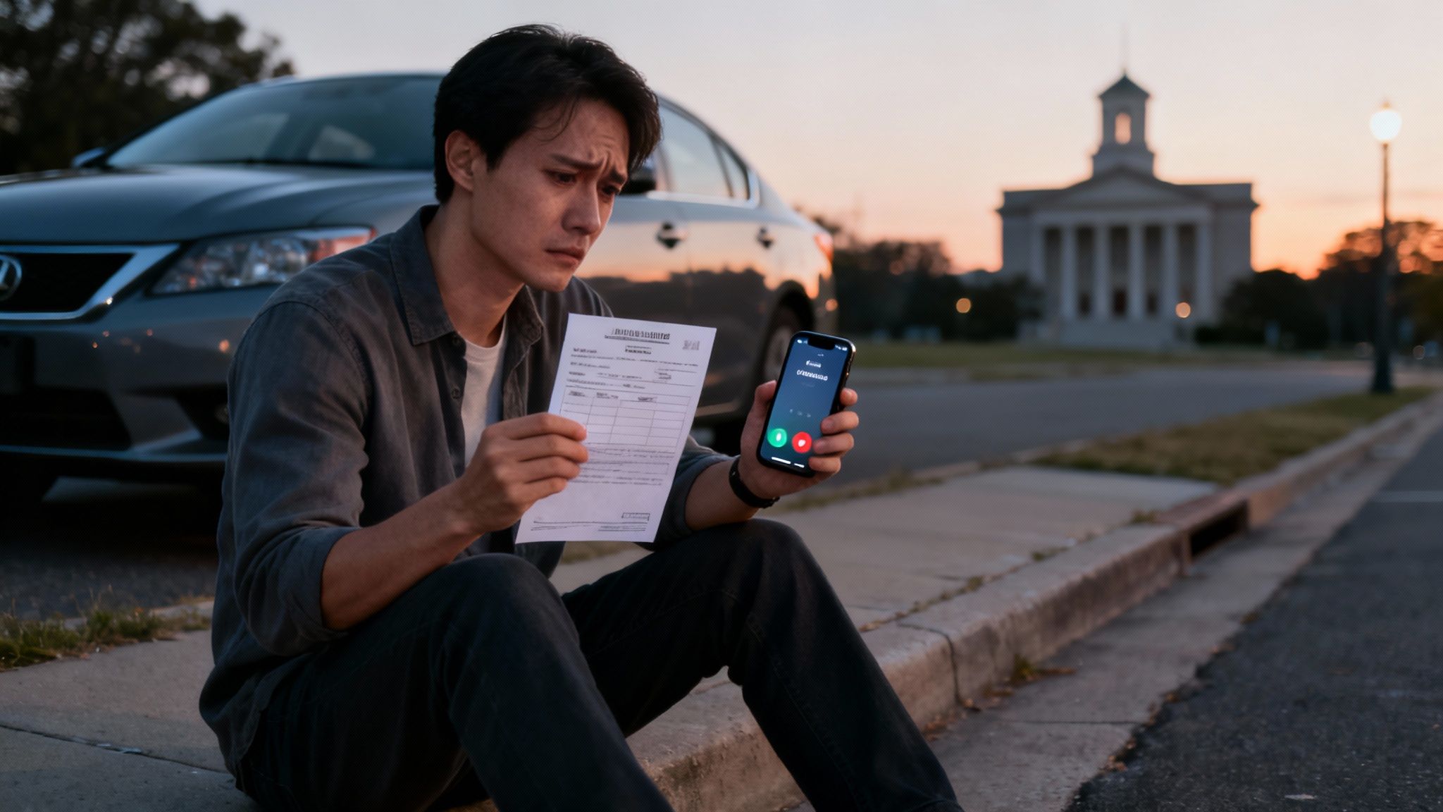 Man sitting on curb holding DWI arrest paperwork and looking at phone with incoming call, parked car and courthouse in background, reflecting the stress of a Texas DWI situation.