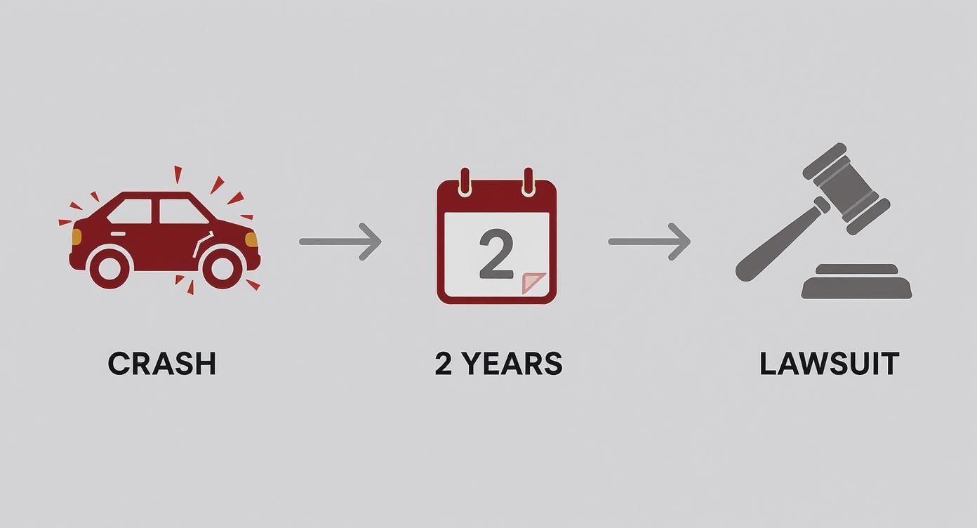 Visual diagram showing progression from car crash to two years waiting period to lawsuit filing