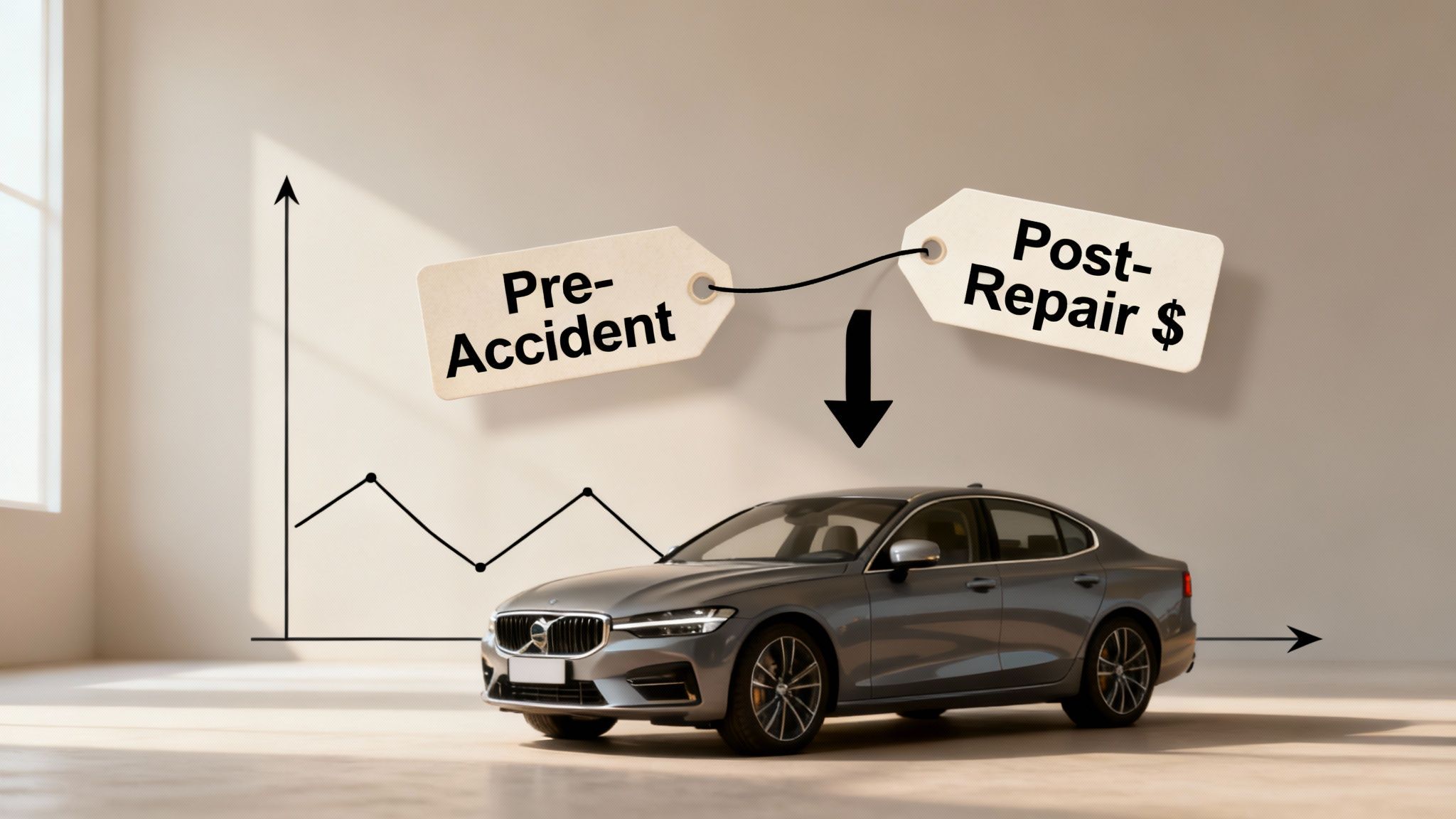 A grey car with price tags 'Pre-Accident' and 'Post-Repair $' illustrating diminished value.