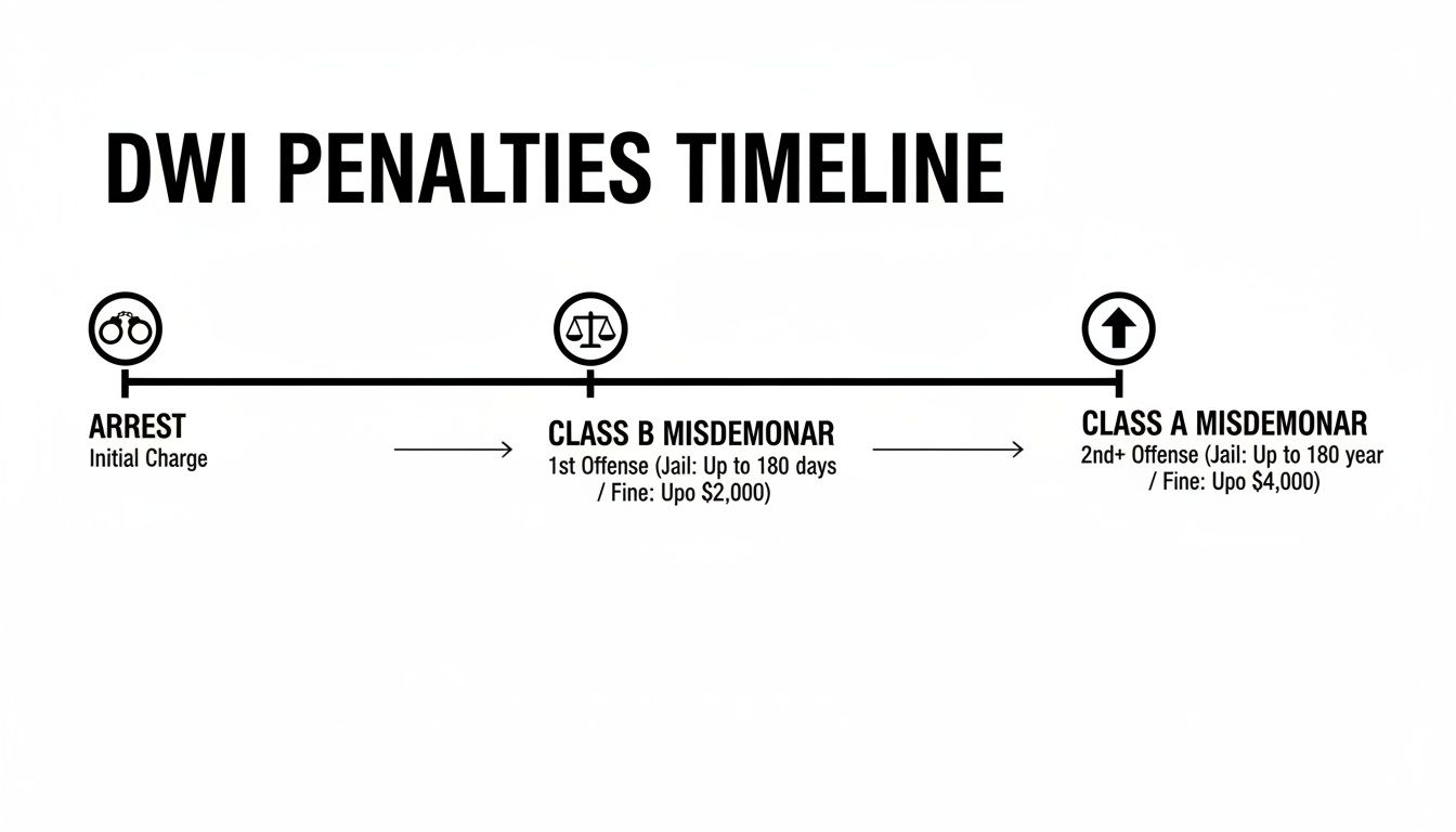 DWI penalties timeline infographic illustrating consequences of first and second DWI offenses in Texas, highlighting arrest, class B misdemeanor for first offense, and class A misdemeanor for subsequent offenses.
