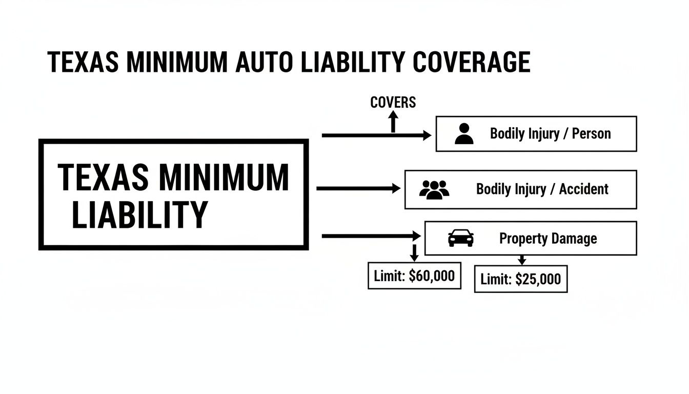 Diagram illustrating Texas minimum auto liability coverage, including bodily injury and property damage limits.