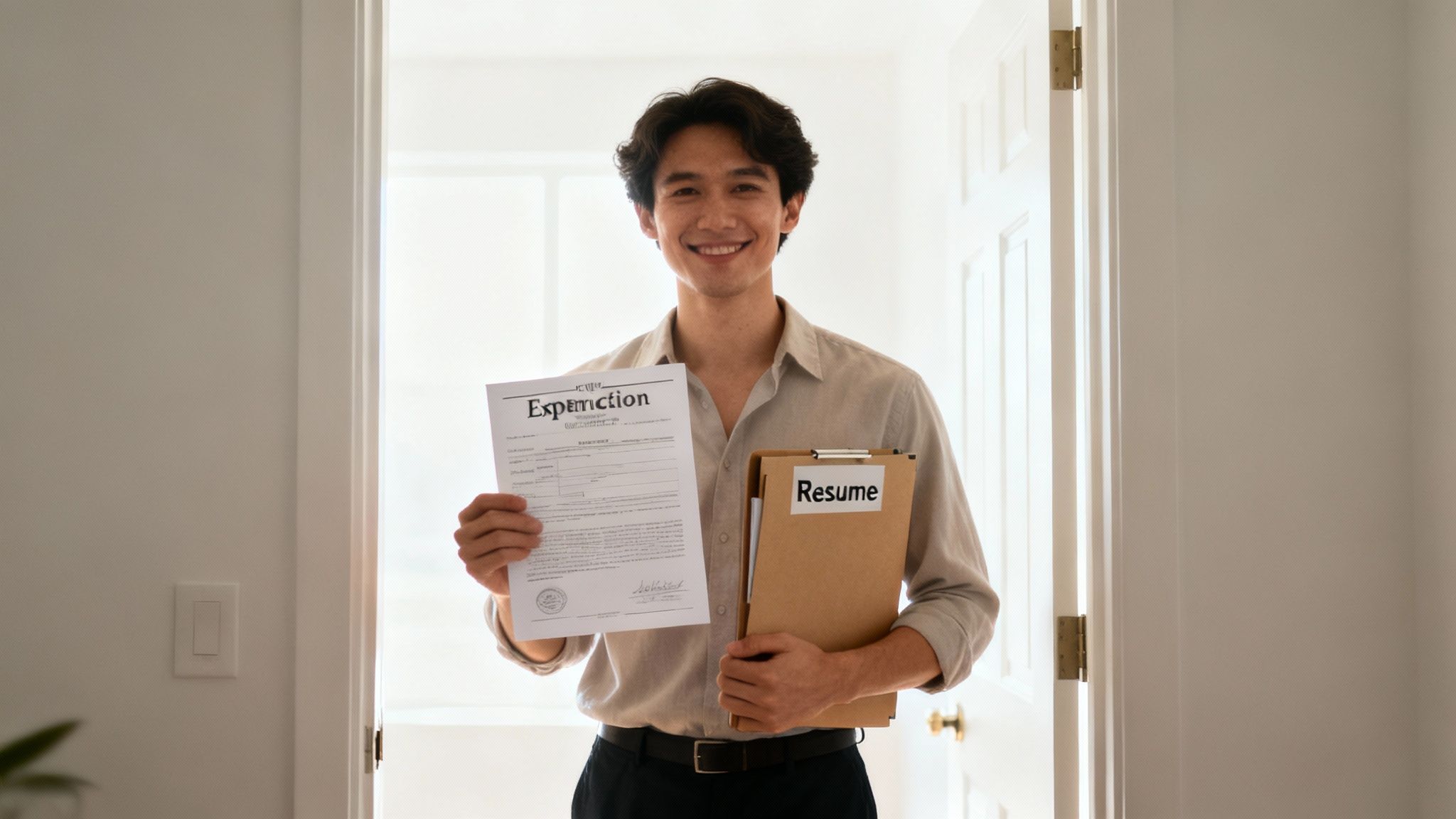 Young man smiling while holding an Expunction Order and a resume, symbolizing the fresh start and opportunities after expunging a criminal record in Texas.