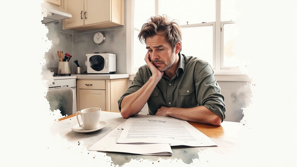 Stressed man contemplating family court documents at a kitchen table, symbolizing the emotional challenges of appealing a family court decision in Texas.