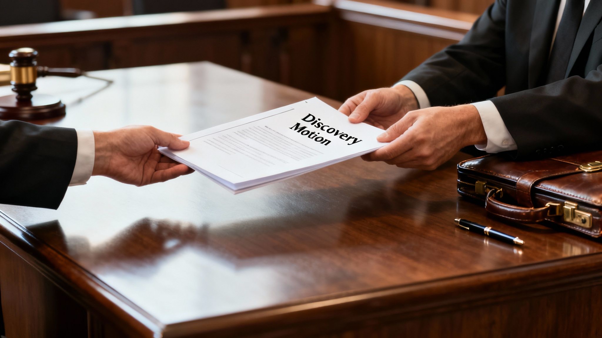 Two lawyers exchanging a 'Discovery Motion' legal document on a courtroom table with a gavel.