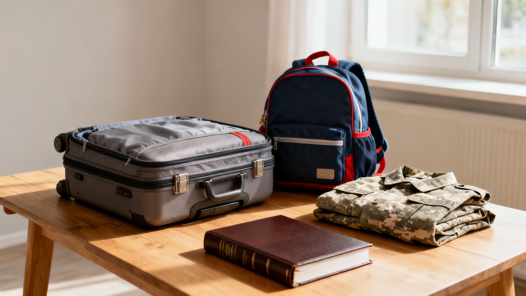 A grey suitcase, blue backpack, folded military uniform, and a book on a wooden table, ready for travel.