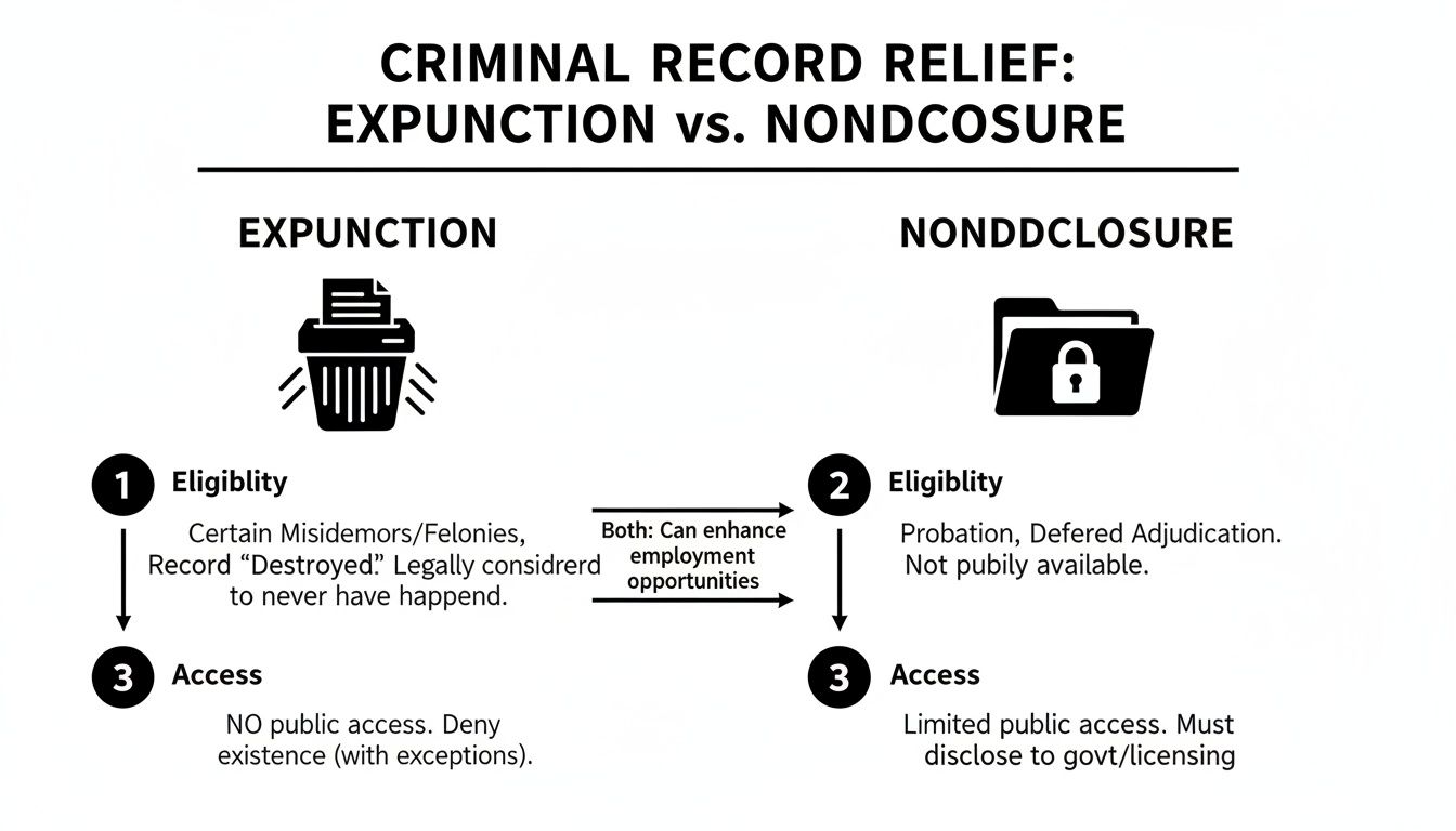Infographic comparing criminal record relief options: Expunction vs. Nondisclosure, detailing eligibility and access.