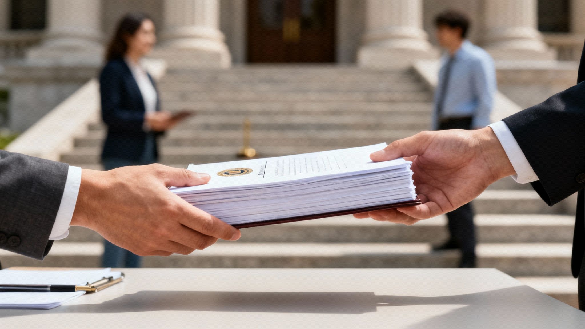 Close-up of hands exchanging legal documents with a courthouse in the blurred background.