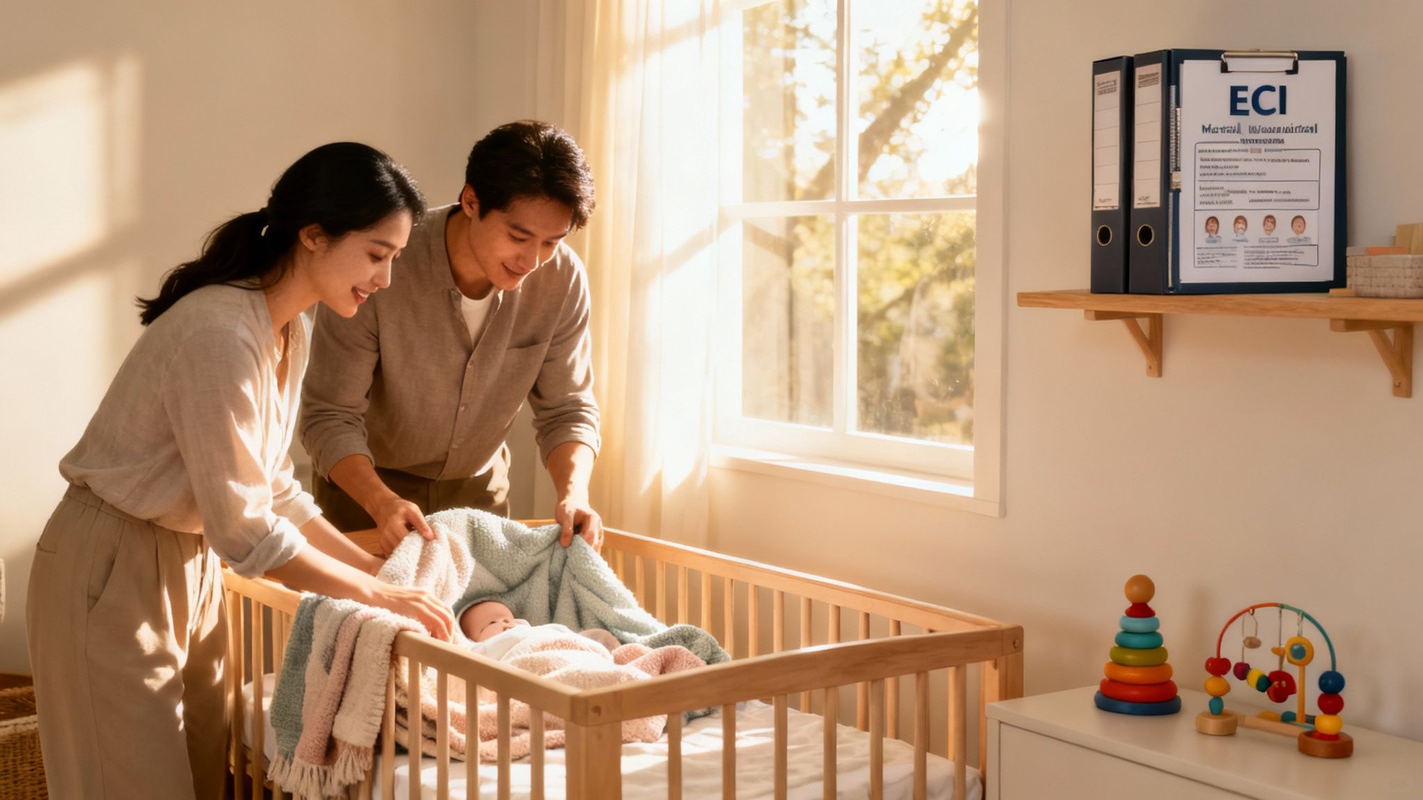 A loving couple gently covers their baby in a crib in a sunlit room, with toys nearby.
