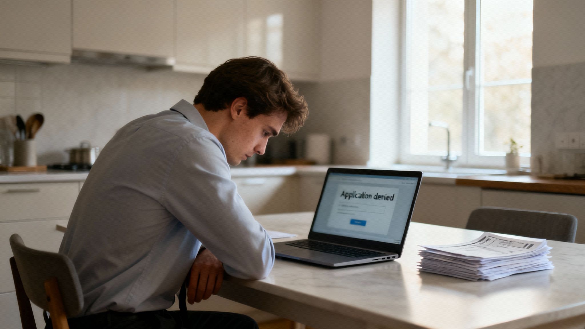Young man in a kitchen looking dejectedly at a laptop displaying an "Application denied" message, symbolizing the impact of an unaddressed arrest record on job opportunities and future prospects.