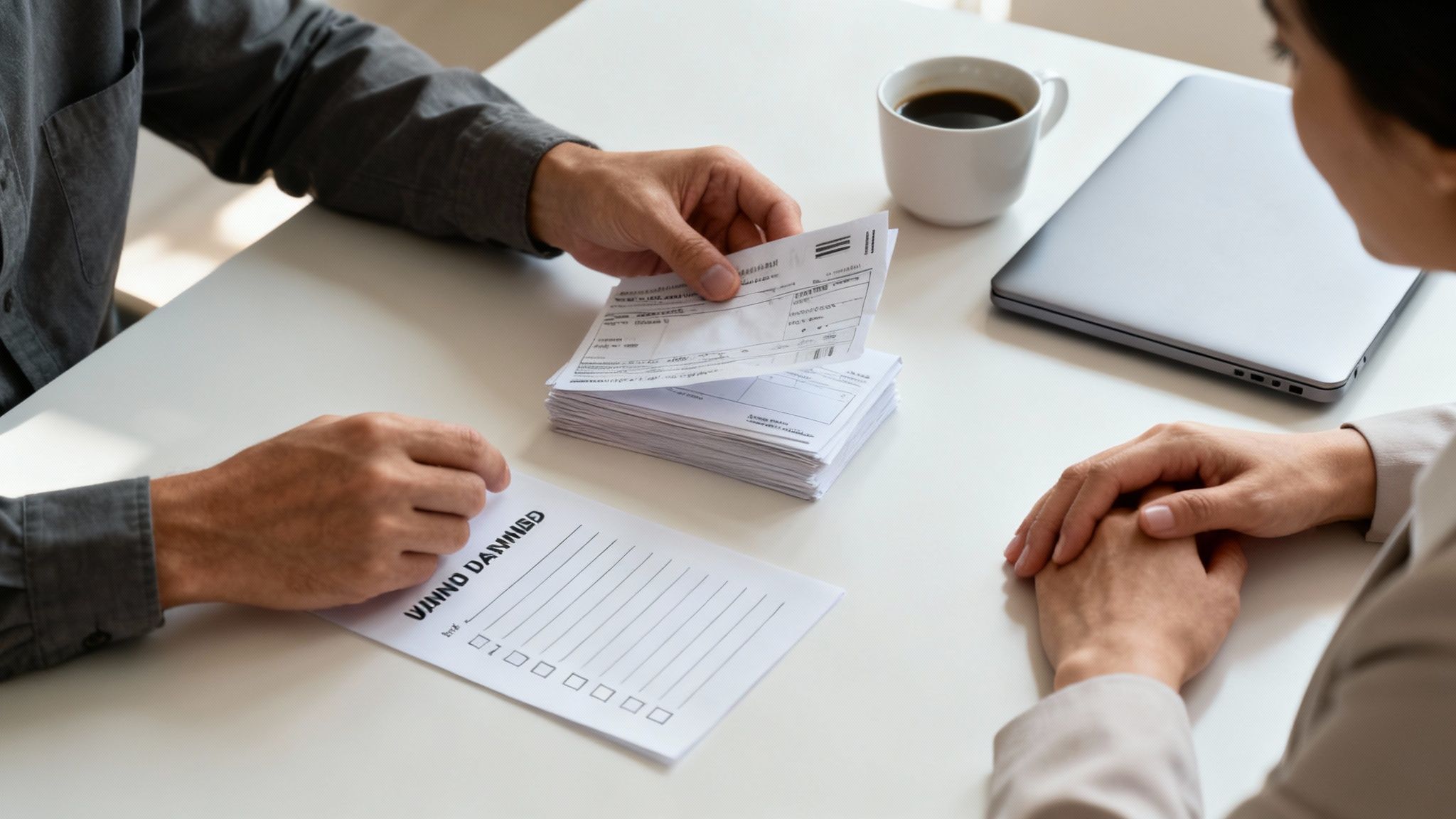 Hombre revisando documentos financieros con preocupación, simbolizando el estrés de las deudas.