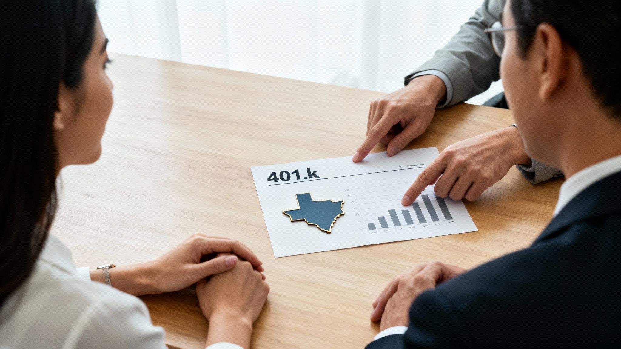 People discussing a 401k plan with a Texas map and bar chart, for financial planning.