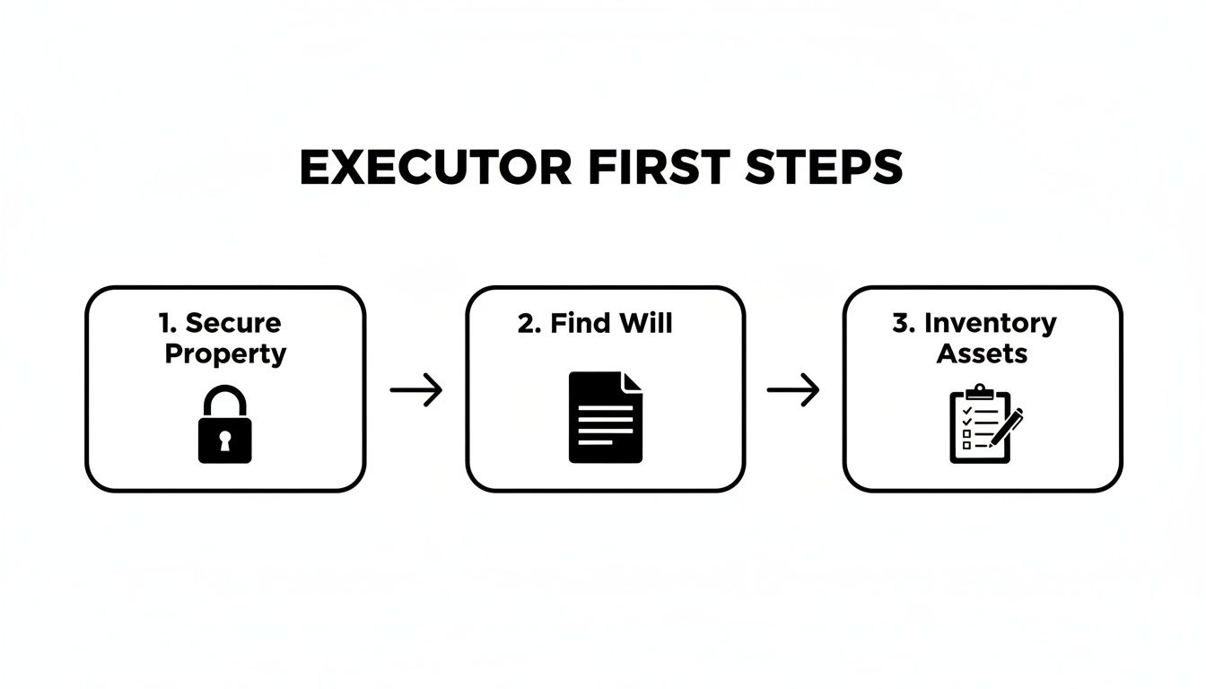 A flowchart outlining the first three steps for an executor: Secure Property, Find Will, Inventory Assets.