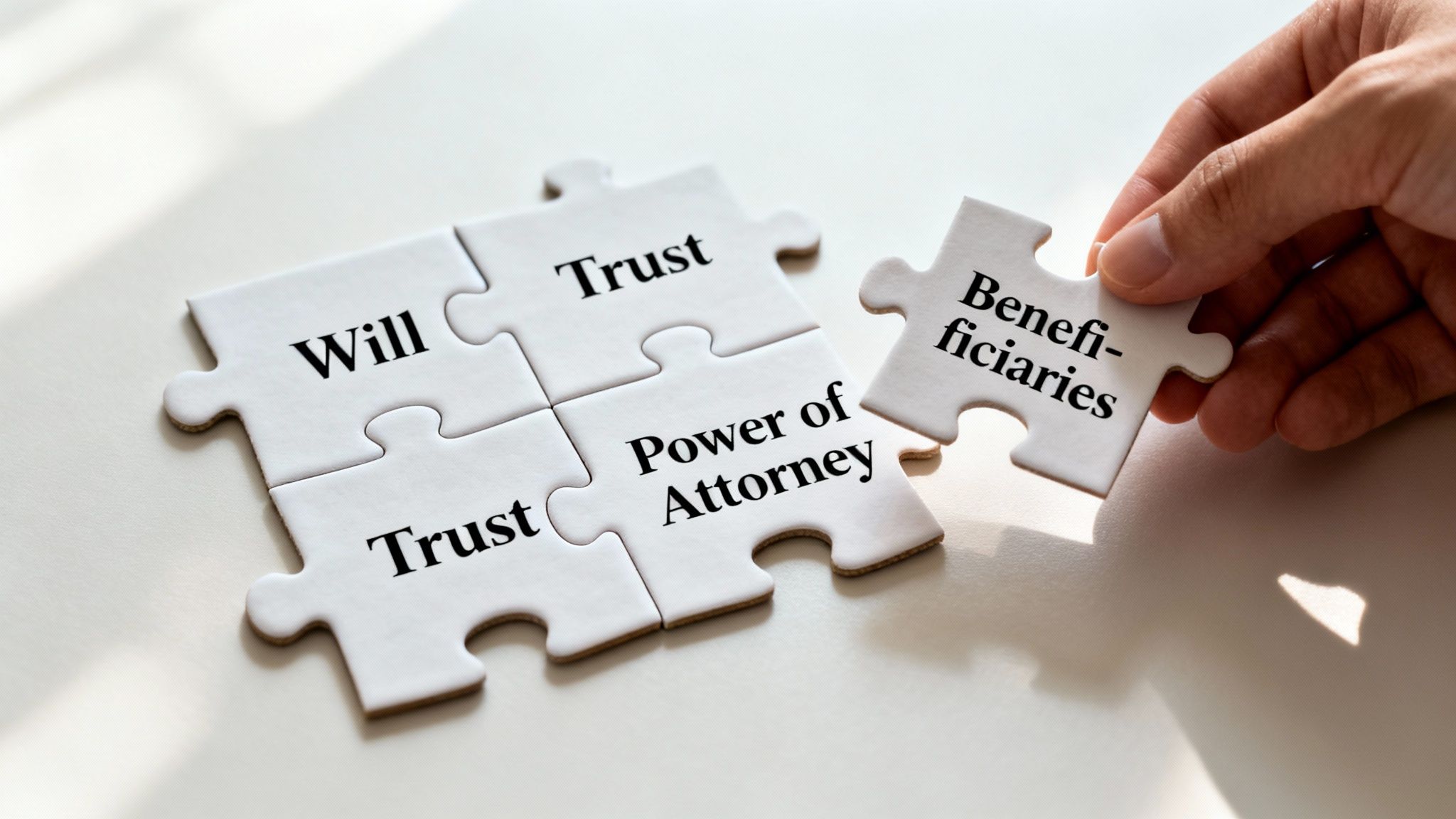 A hand places a 'Beneficiaries' puzzle piece with 'Will', 'Trust', and 'Power of Attorney' pieces.