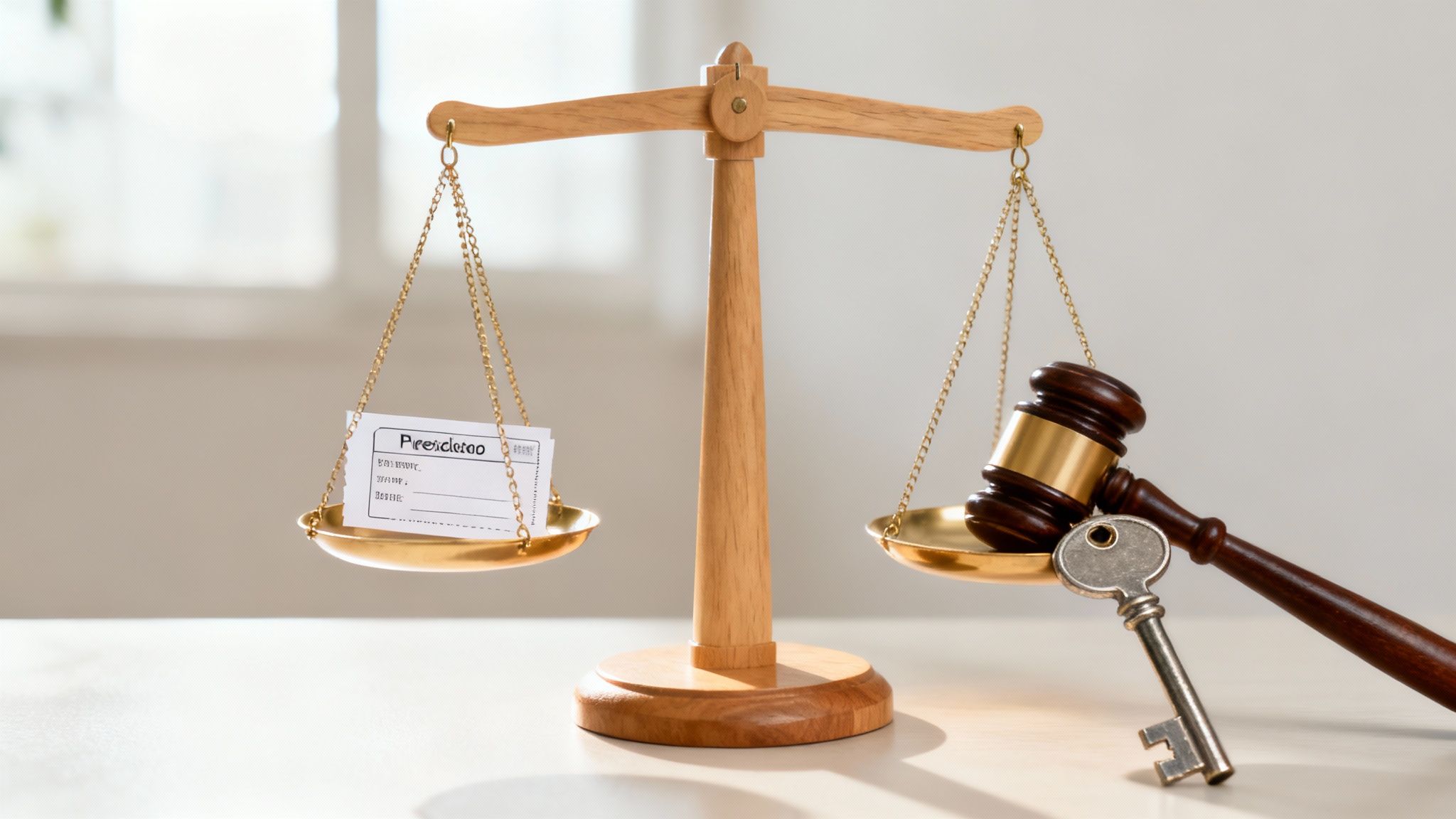 Wooden balance scales with prescription note and gavel representing legal justice and medical decisions