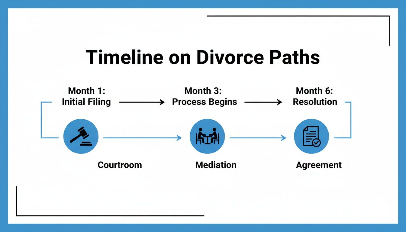 Timeline infographic illustrating divorce paths and key stages: initial filing, process, and resolution.