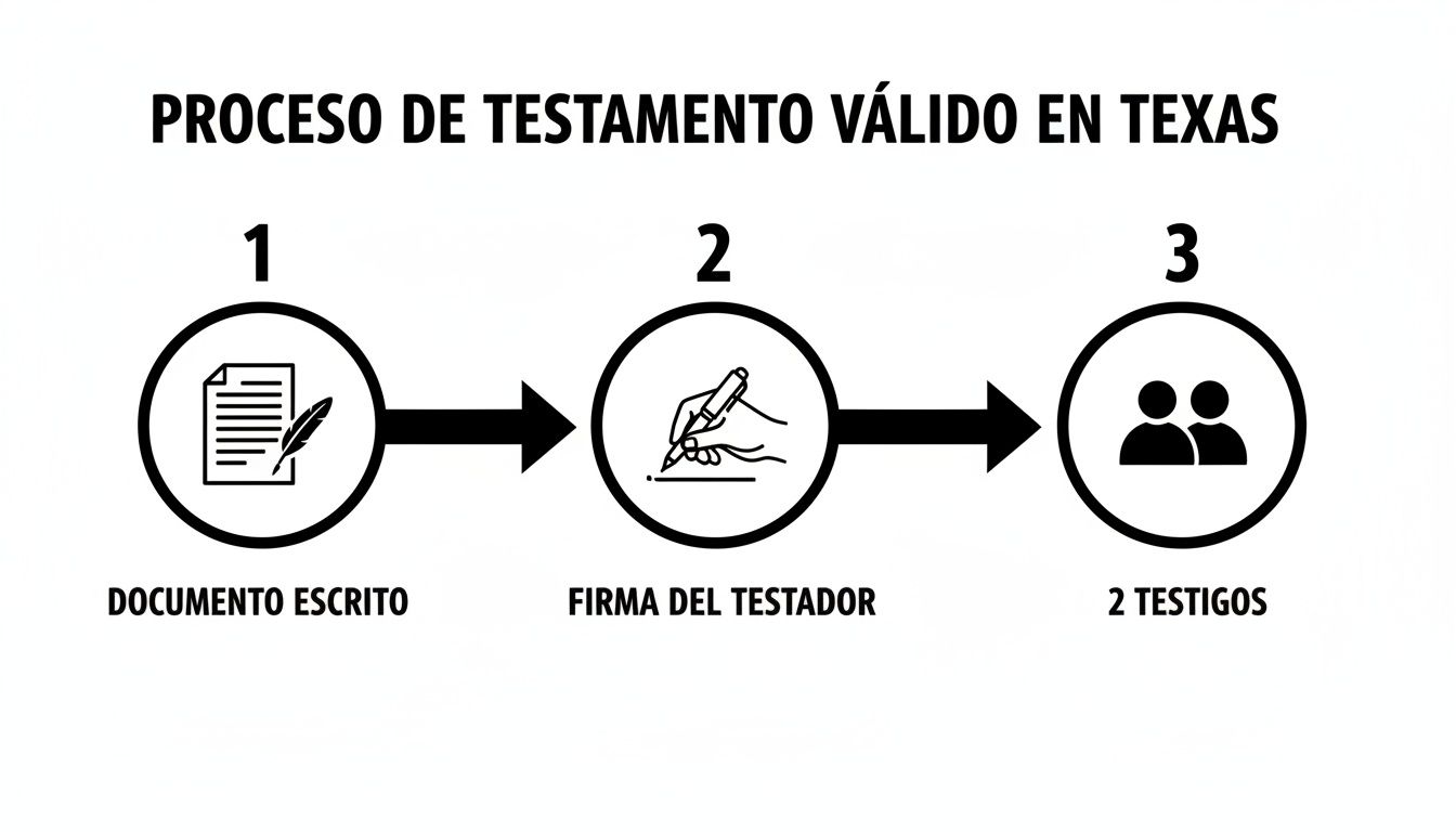 Diagrama del proceso de testamento válido en Texas: documento escrito, firma del testador y dos testigos.