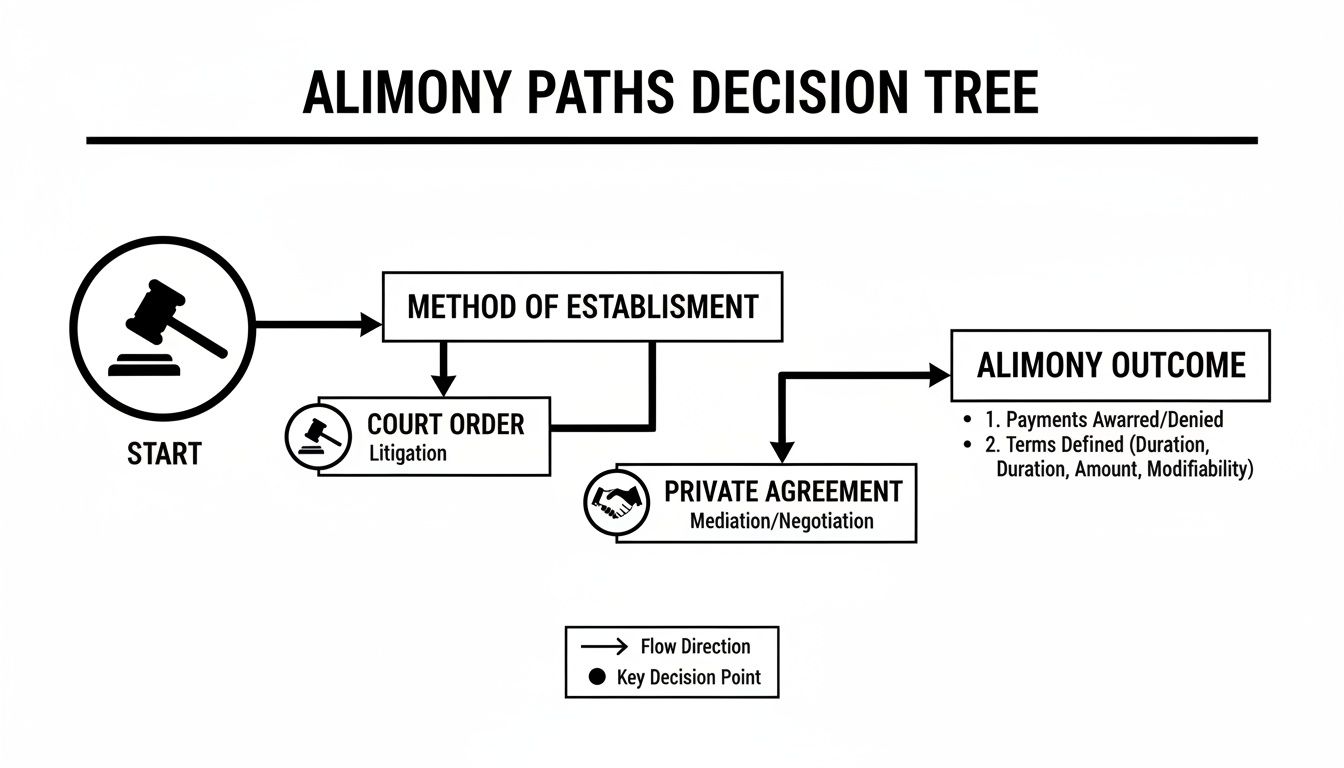 Flowchart showing alimony establishment methods through court order or private agreement leading to outcomes.