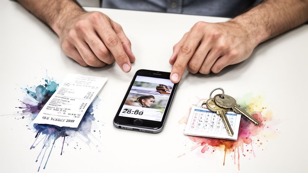 A person's hands interact with a smartphone, a receipt, and keys on a desk with watercolor accents.